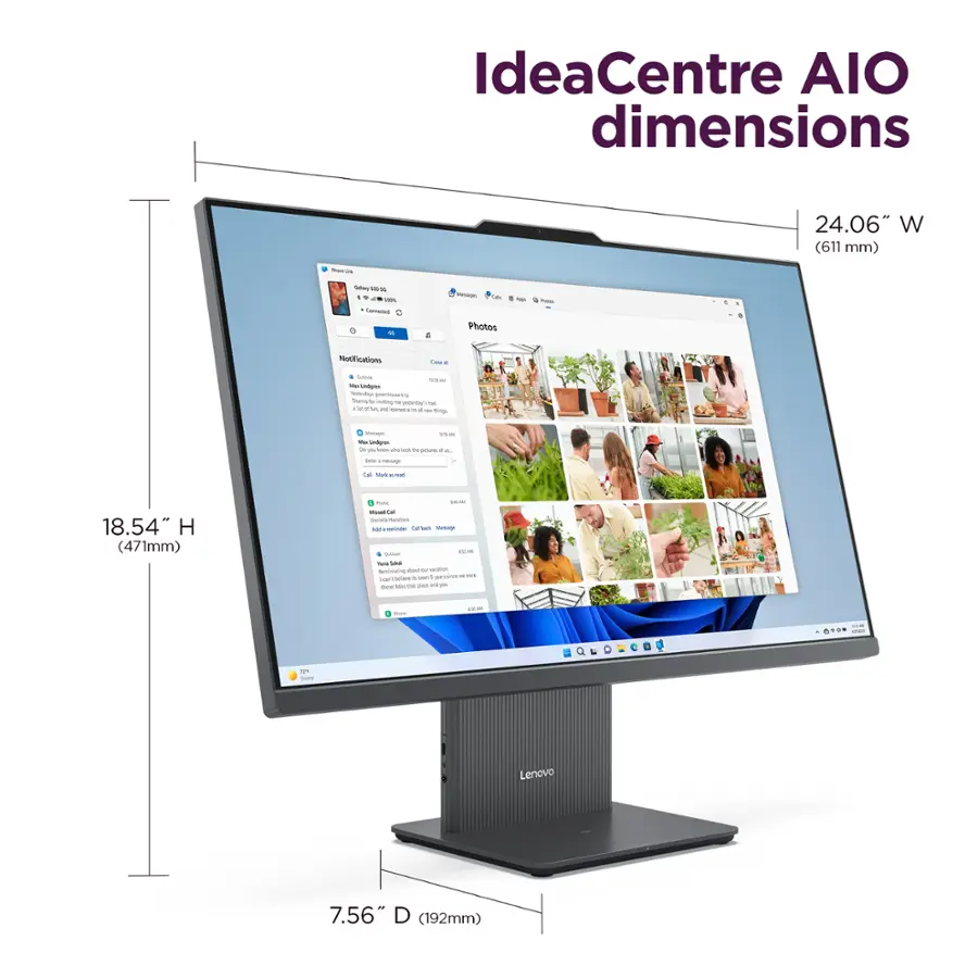 IdeaCentre AIO dimensions: 24.06" W (611 mm) - 18.54" H (471mm) - 7.56" D (192mm).
