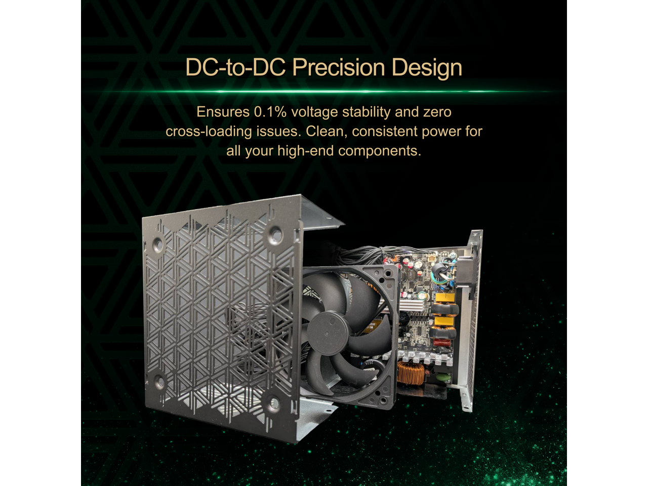 DC-to-DC Precision Design  
Ensures 0.1% voltage stability and zero cross-loading issues. Clean, consistent power for all your high-end components.