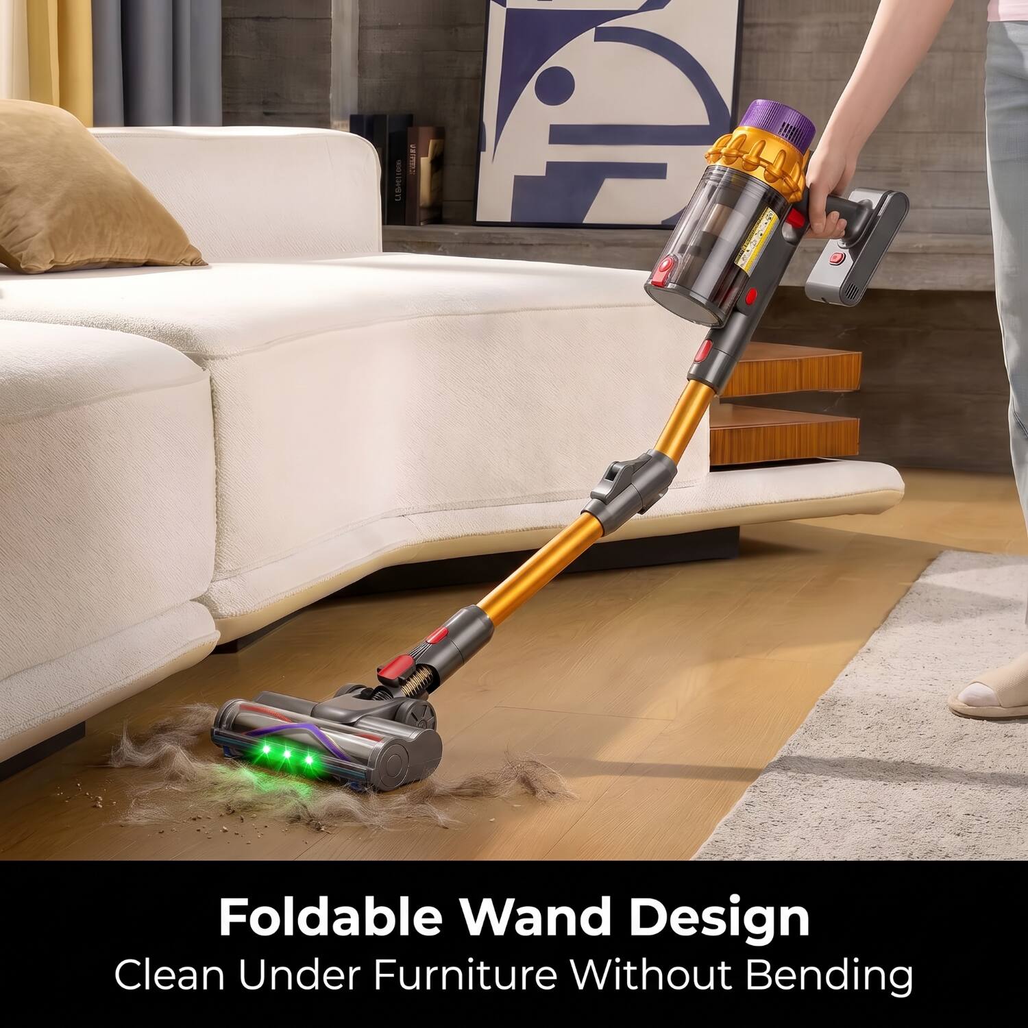 Foldable Wand Design  
Clean Under Furniture Without Bending