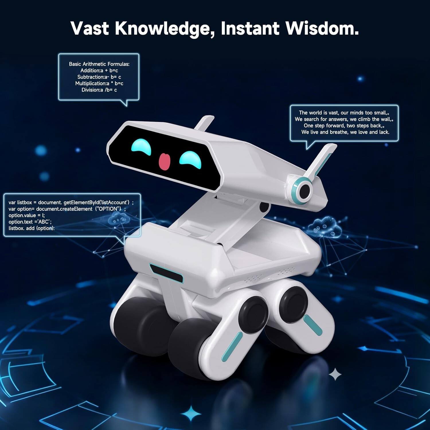 Vast Knowledge, Instant Wisdom.

Basic Arithmetic Formulas:
- Addition: a + b = c
- Subtraction: a - b = c
- Multiplication: a * b = c
- Division: a / b = c

The world is vast, our minds too small. We search for answers, we climb the wall. One step forward, two steps back. We live and breathe, we love and lack.

var listbox = document.getElementById('listAccount');
var option = document.createElement('OPTION');
option.value = 'ABC';
option.text = 'ABC';
listbox.add(option);