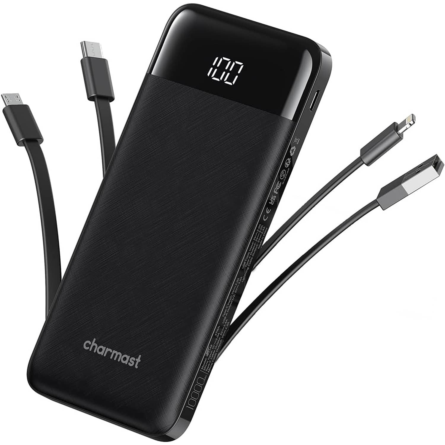 PARKER SLATER - Charmast 10,000mAh Portable Charger with Built-in Cables, 3A Fast Charge, 6 Outputs - Black