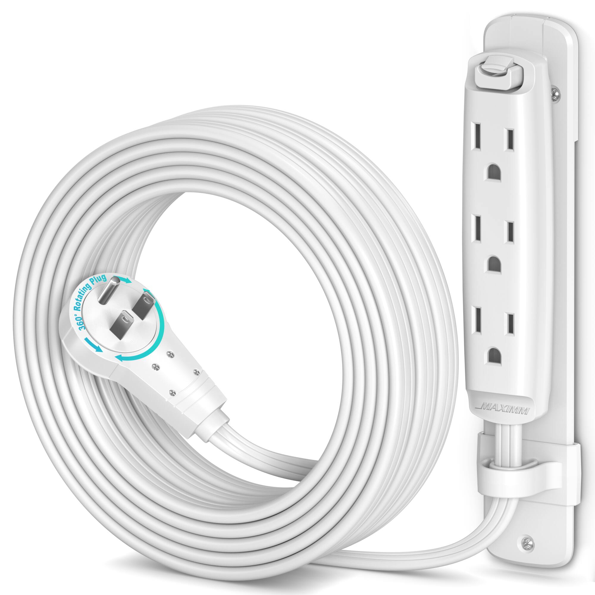 Maximm - 360 Degree Rotating Flat Extension Cord 15 Ft Multi 3 Outlet with Mounting Bracket, Grounded 16 AWG UL Certified - White