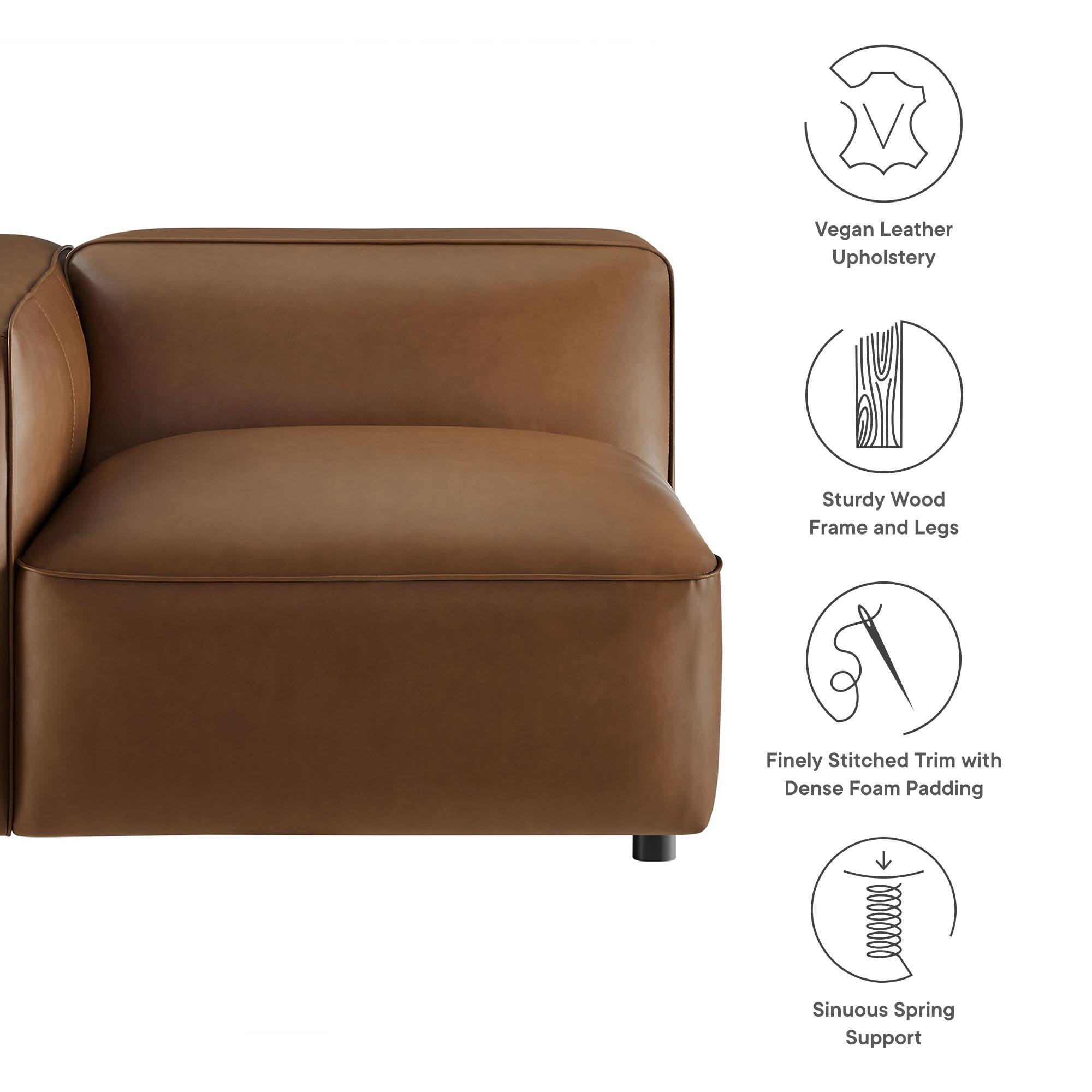 - Vegan Leather Upholstery
- Sturdy Wood Frame and Legs
- Finely Stitched Trim with Dense Foam Padding
- Sinuous Spring Support
