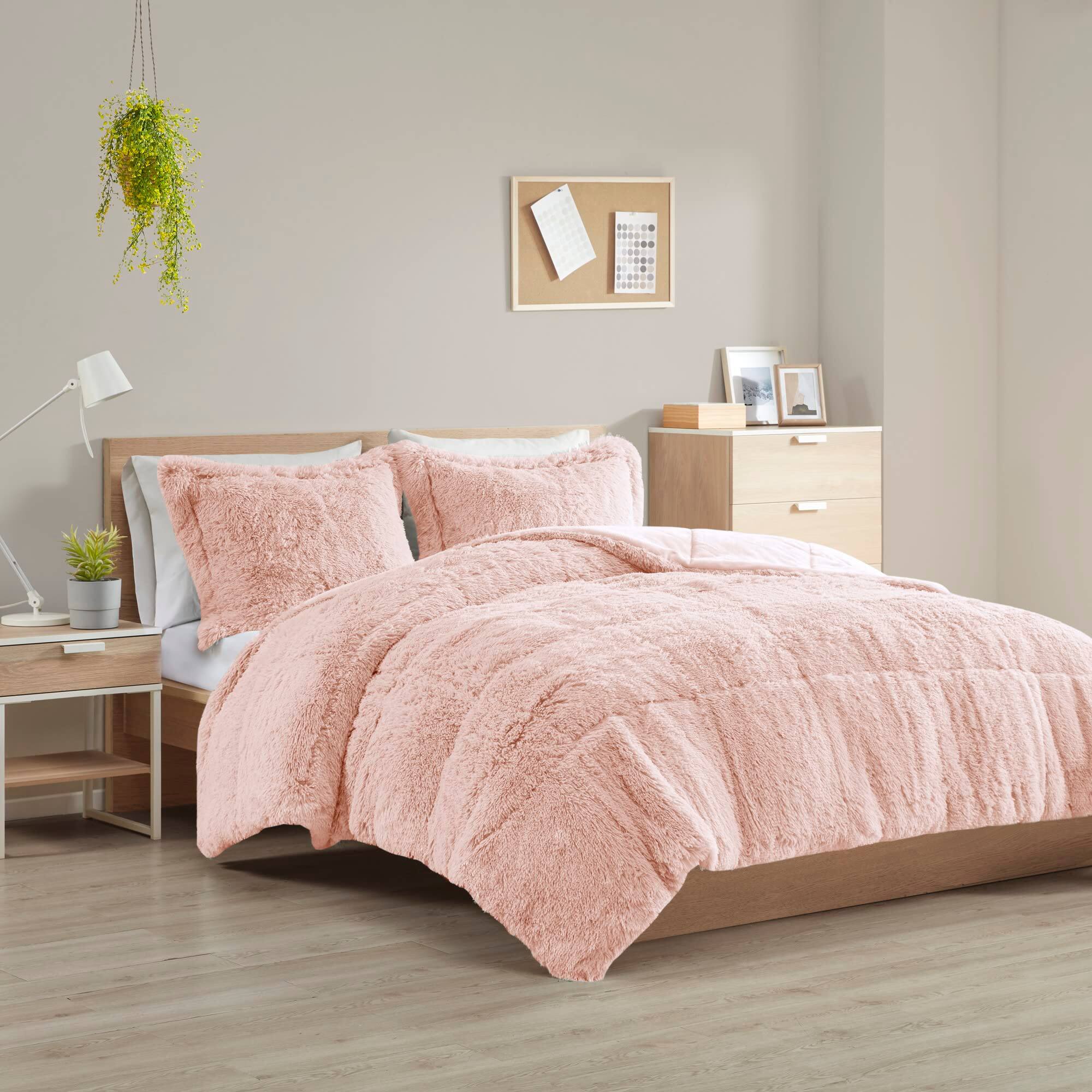 PO3TICJUNKI3 - Shaggy Faux Comforter Set Cozy Soft Long With Ombre Color Waves Pattern Modern All Season Down Alternative - Blush-Twin/Twin XL