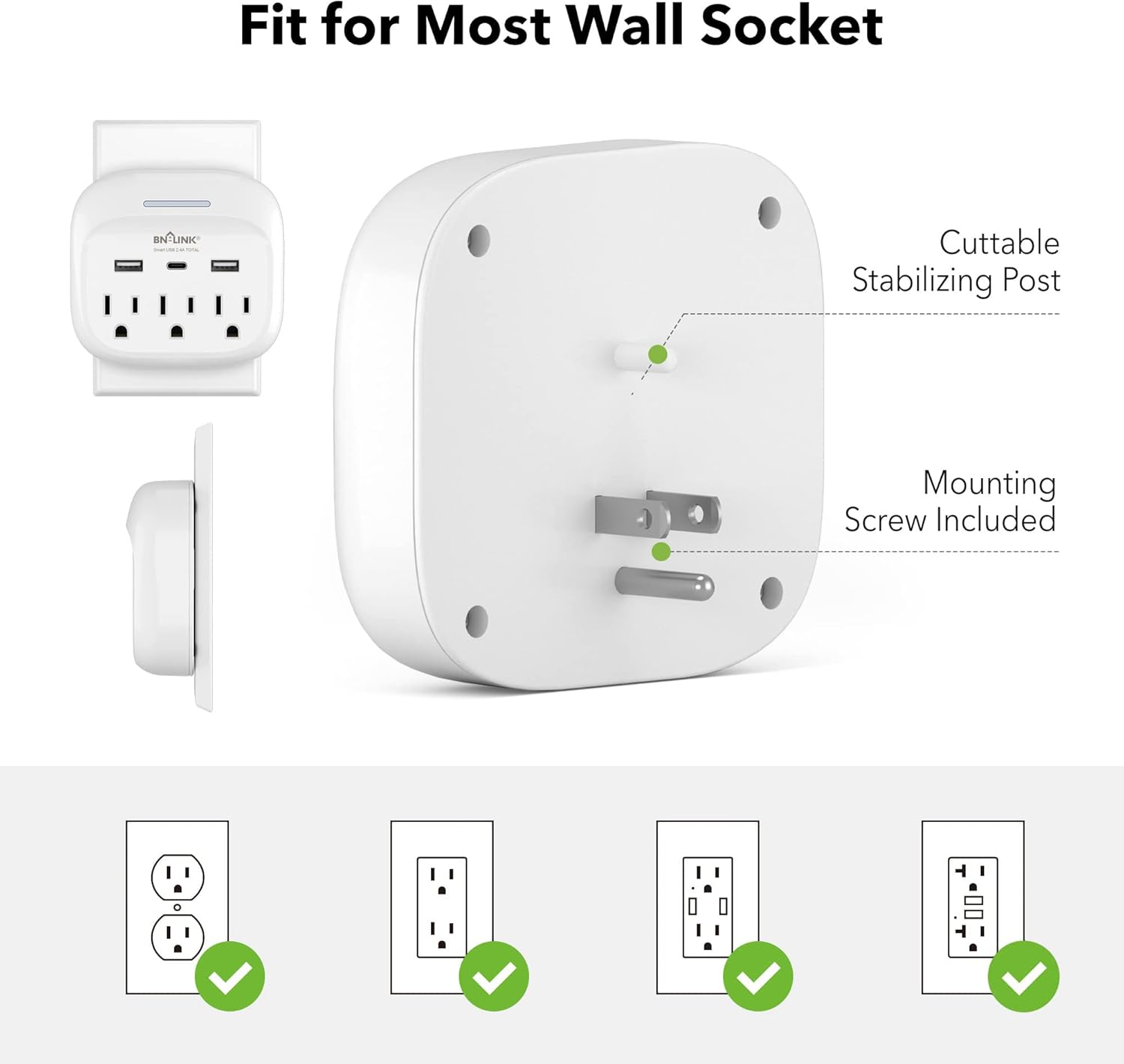 Fit for Most Wall Socket

- Cuttable Stabilizing Post
- Mounting Screw Included