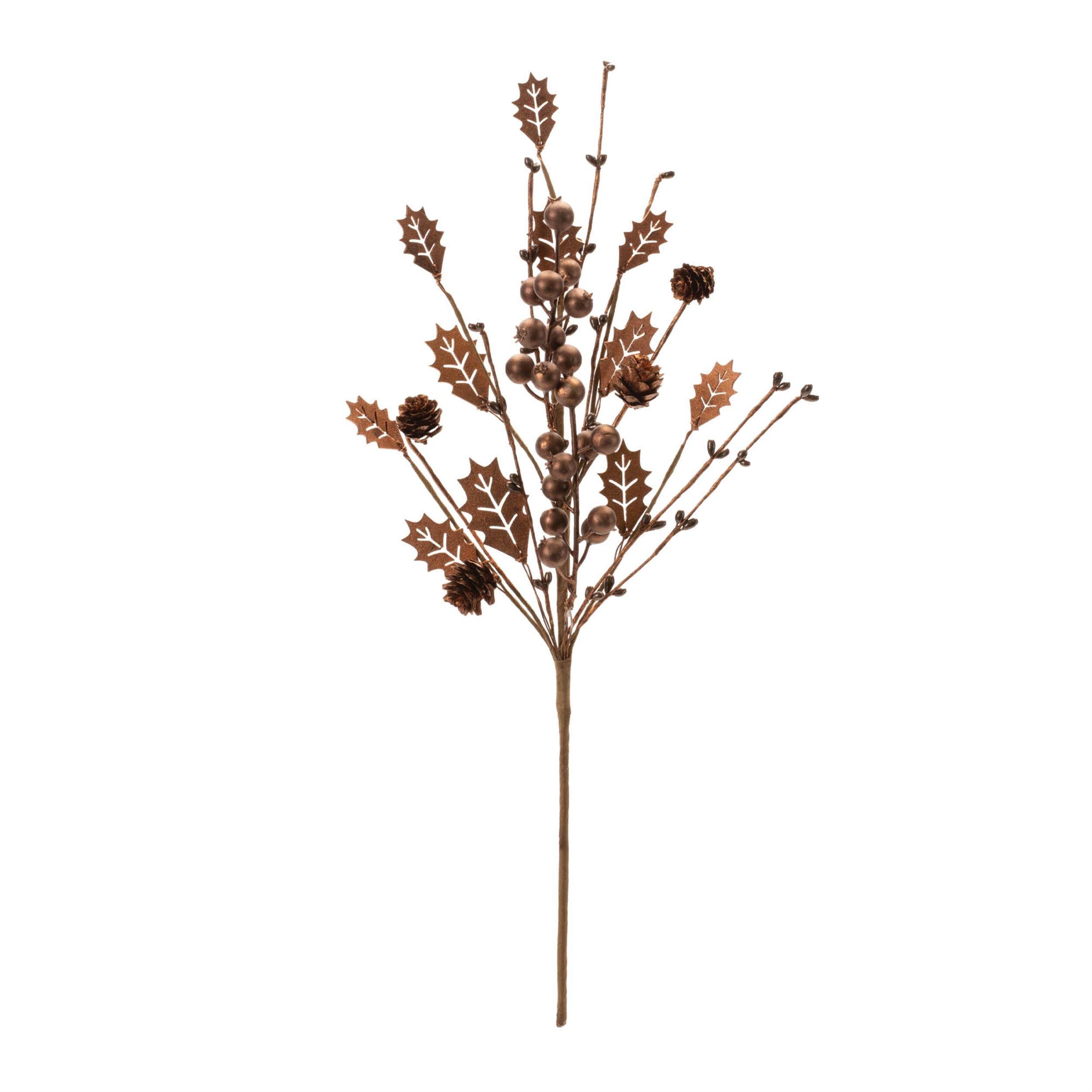 Angle. BreeBe - Mixed Holly Berry Pinecone Spray (Set of 6) - Brown.