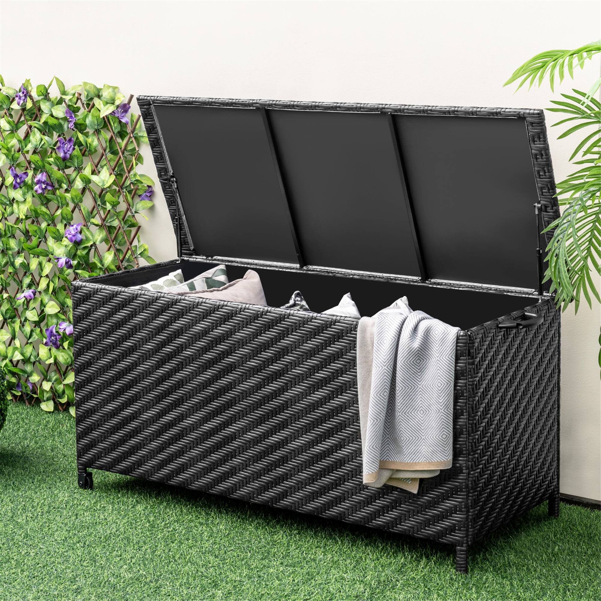 Gymax - Tightly-Woven Rattan Deck Box w/ Polyester Liner Universal Wheels & Gas Strut - Black