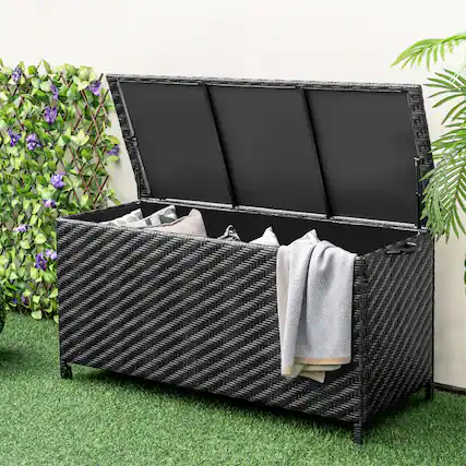 Front. Gymax - Gymax Tightly-Woven Rattan Deck Box w/ Polyester Liner Universal Wheels & Gas Strut Black - Black.
