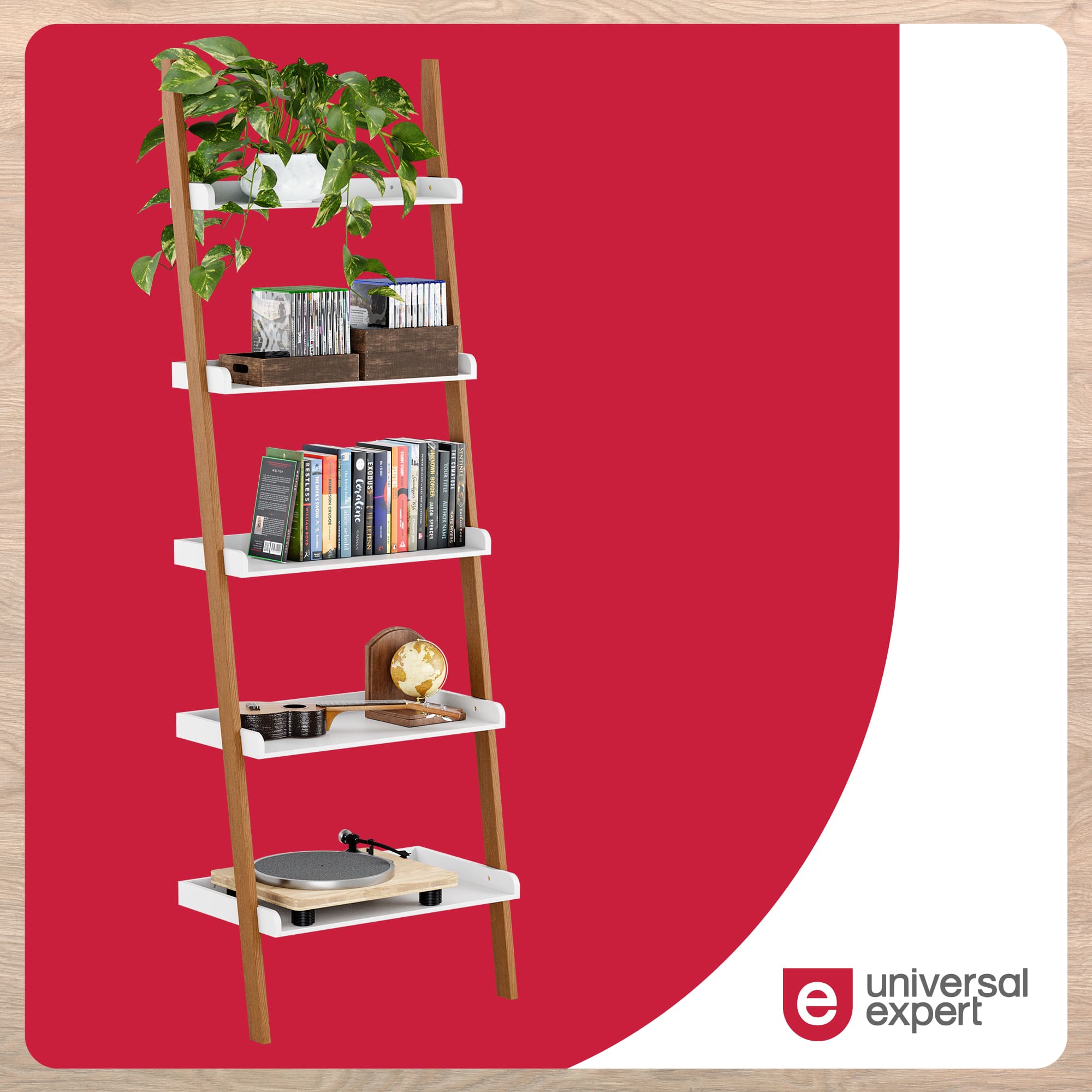 The image features a wooden ladder with a shelf on top, holding various items such as books, a clock, and a potted plant. The ladder is placed on a red background, and the shelf is filled with a diverse collection of books. The clock is positioned near the center of the shelf, while the potted plant is located on the left side of the ladder. The scene appears to be a creative and functional storage solution for books and other items.