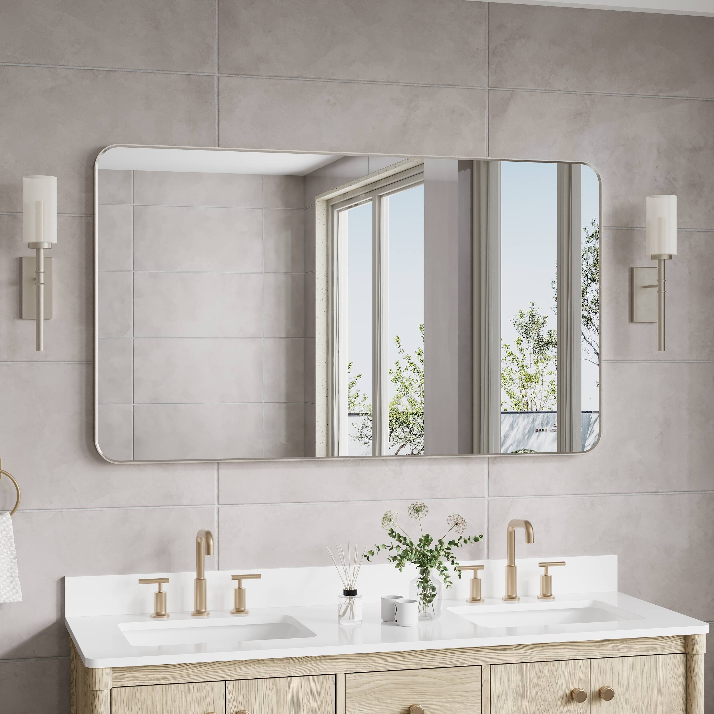 Angle. WELLFOR - 55 in. W x 32 in. H Rectangular Aluminum Framed Wall Bathroom Vanity Mirror Large Hanging Mirrors - Brushed Nickel.