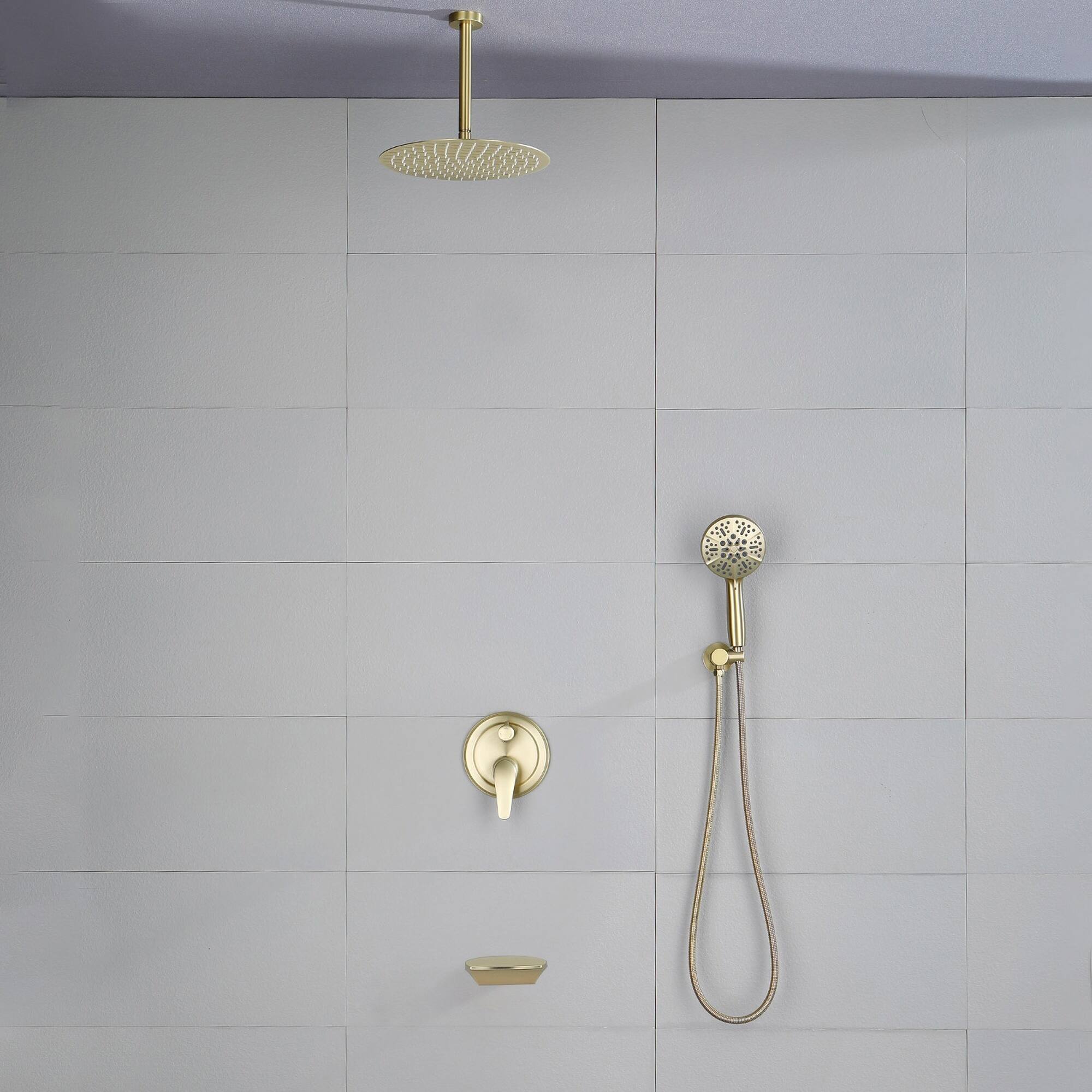 Alt View 3. Boyel Living - Brushed Gold 12-Inch Rain Shower System Brass SUS304 3-Function Valve 7-Function Handheld cUPC - Brushed Gold.