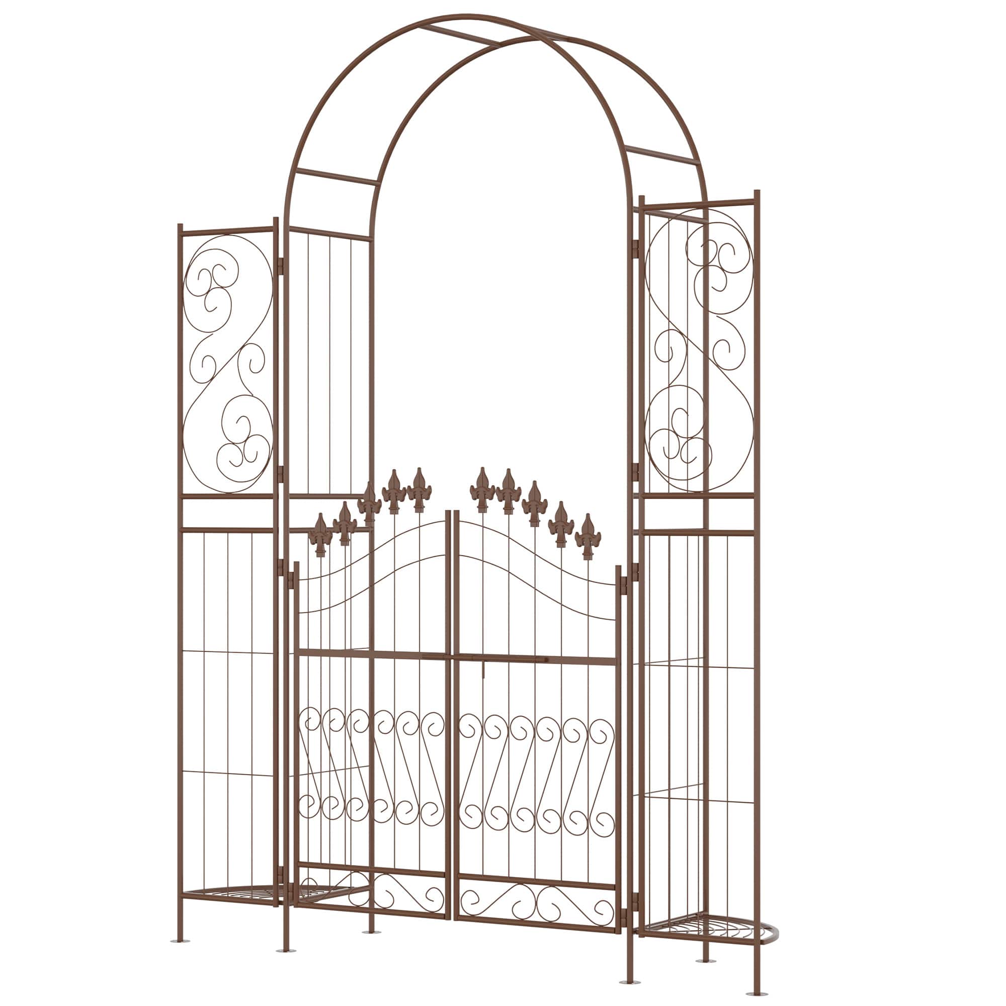 Outsunny - Garden Arbor, Garden Arch with Gate, Planter Shelves for Climbing Vines, Ceremony, Weddings - Brown