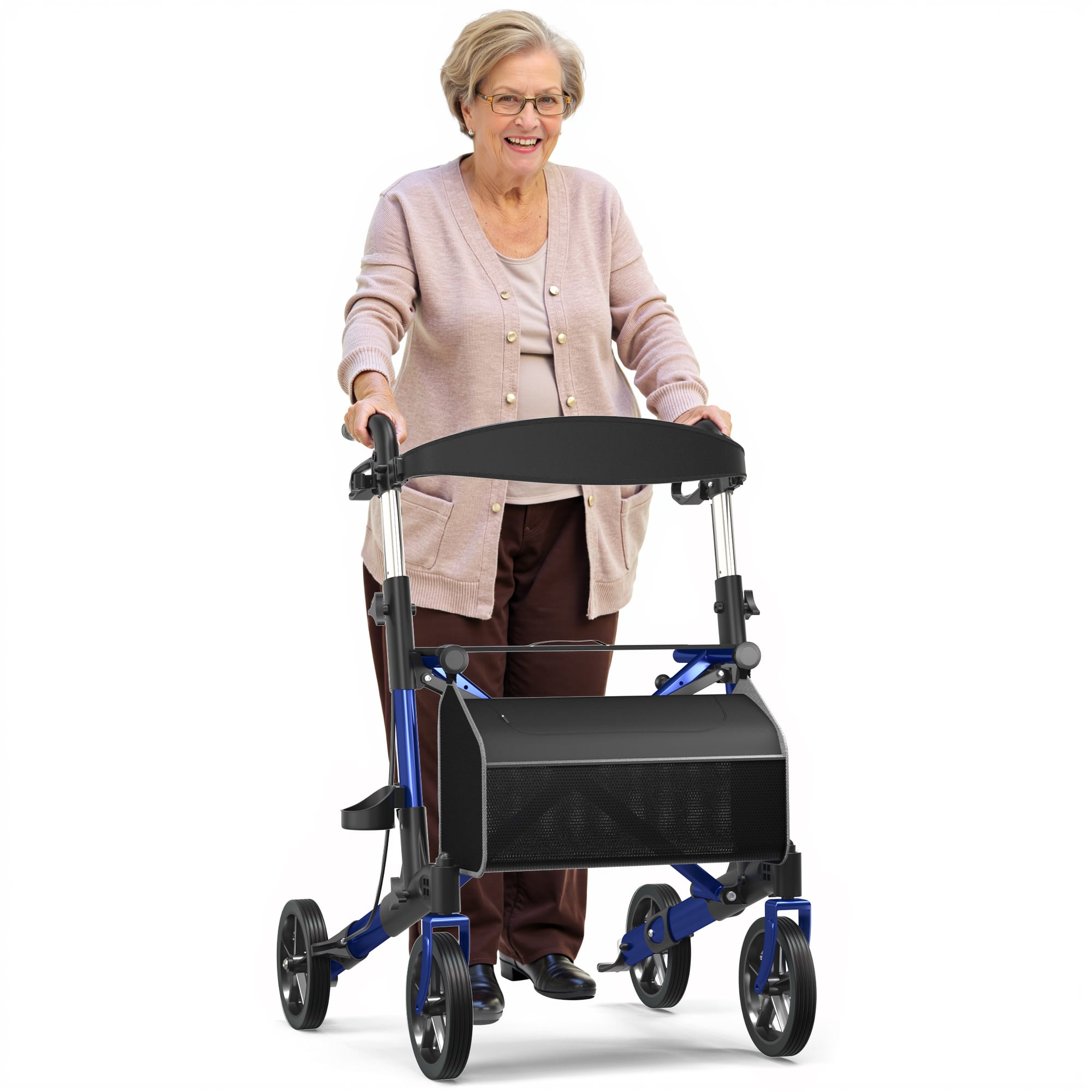 KERDOM - 18 lbs Portable Rollator Walker with Storage Bag, Braking Lock, Adjustable Handle for Senior Outdoor Use All Terrain - Blue