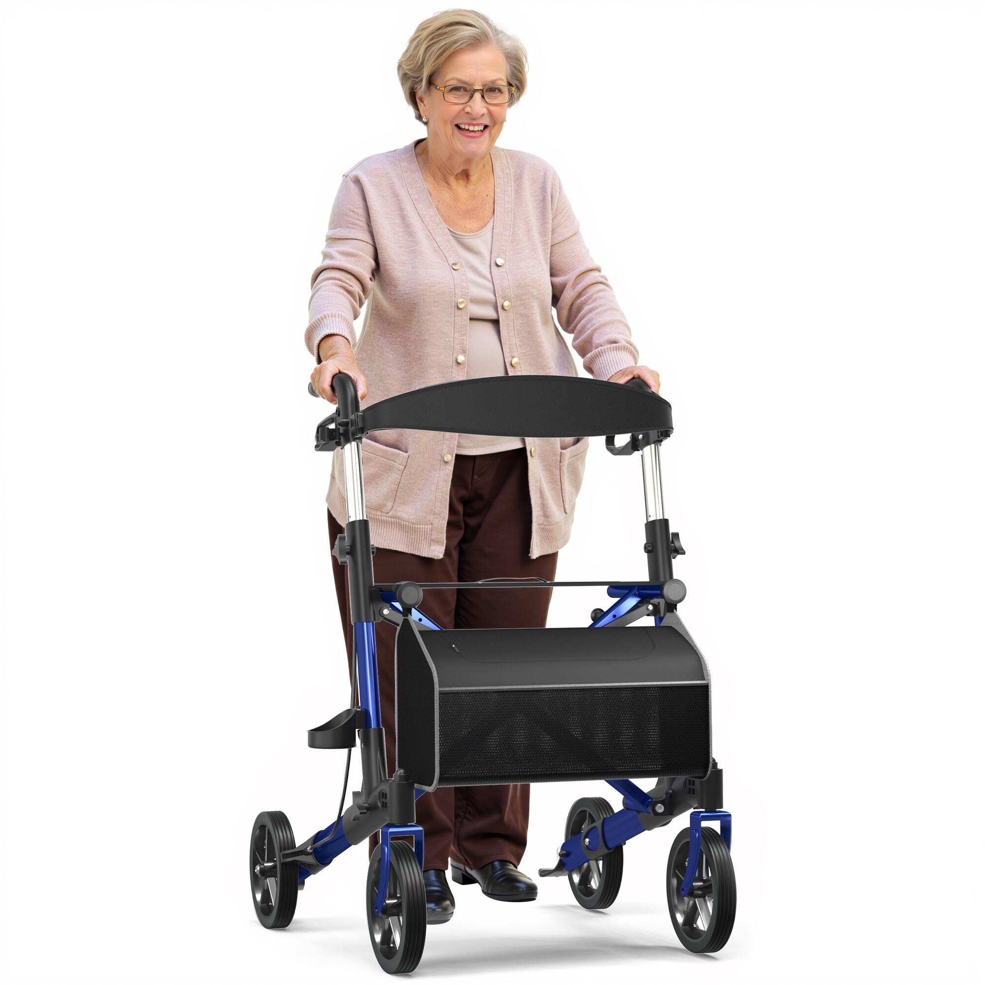 KERDOM - 18 lbs Portable Rollator Walker with Storage Bag, Braking Lock, Adjustable Handle for Senior Outdoor Use All Terrain - Blue