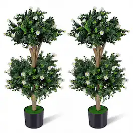 Boyel Living - 2 Pack 36" Artificial Double Ball Boxwood Topiary Tree with 41 Blossoms - White