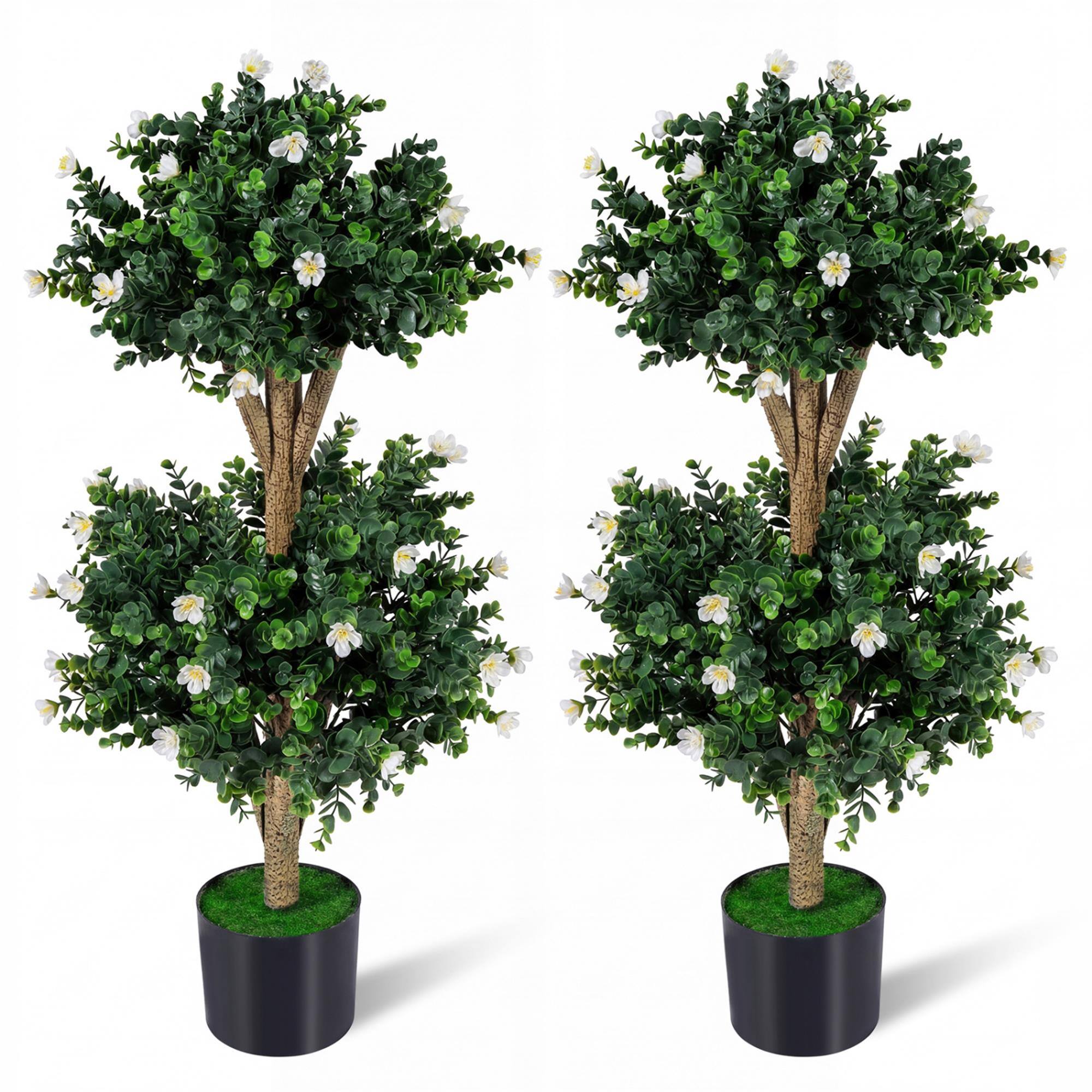 Front. Boyel Living - 2 Pack 36" Artificial Double Ball Boxwood Topiary Tree with 41 Blossoms-White - White.