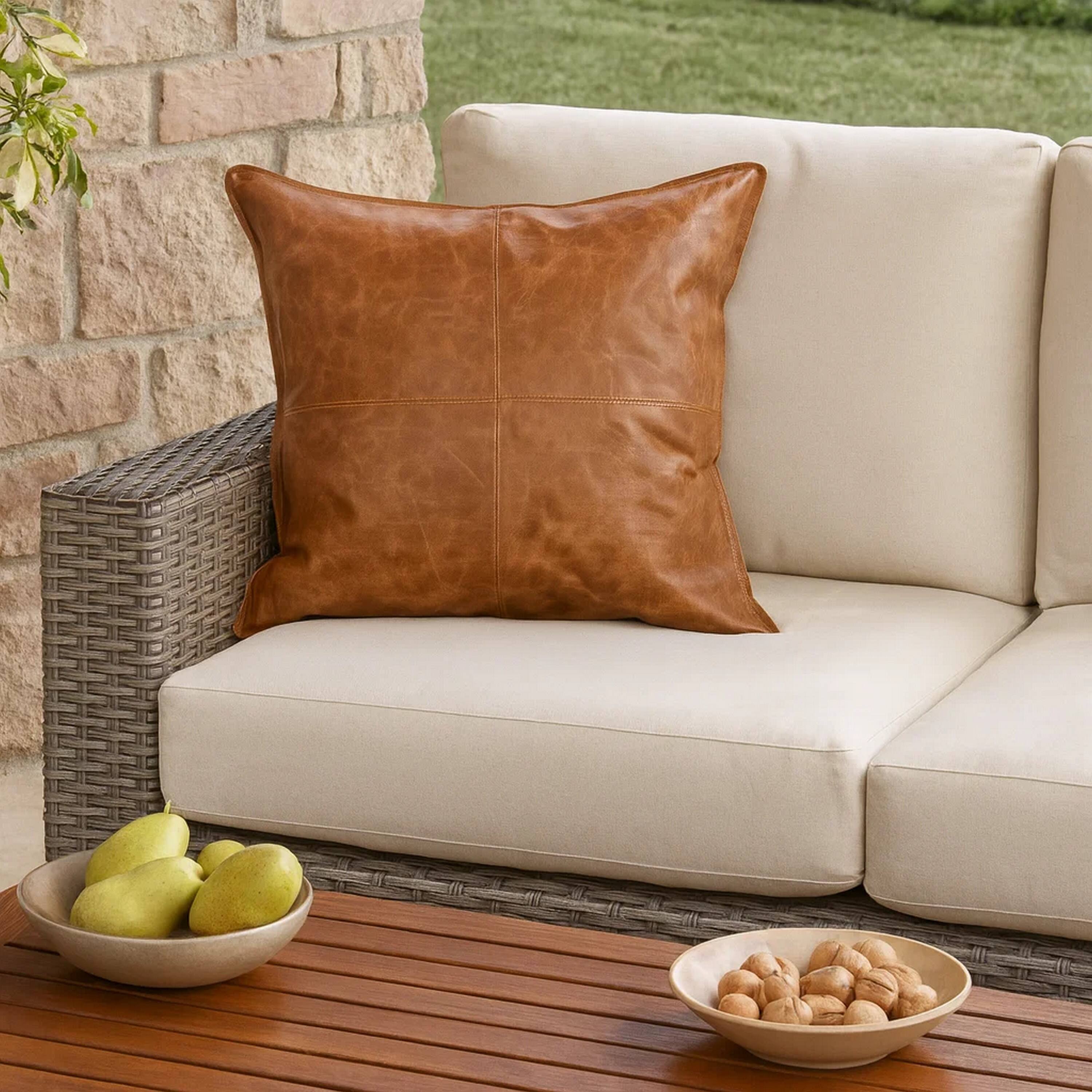 Alt View 2. Manhattan Lane - Square Leatherette Throw Pillow with Stitched Details - Brown.