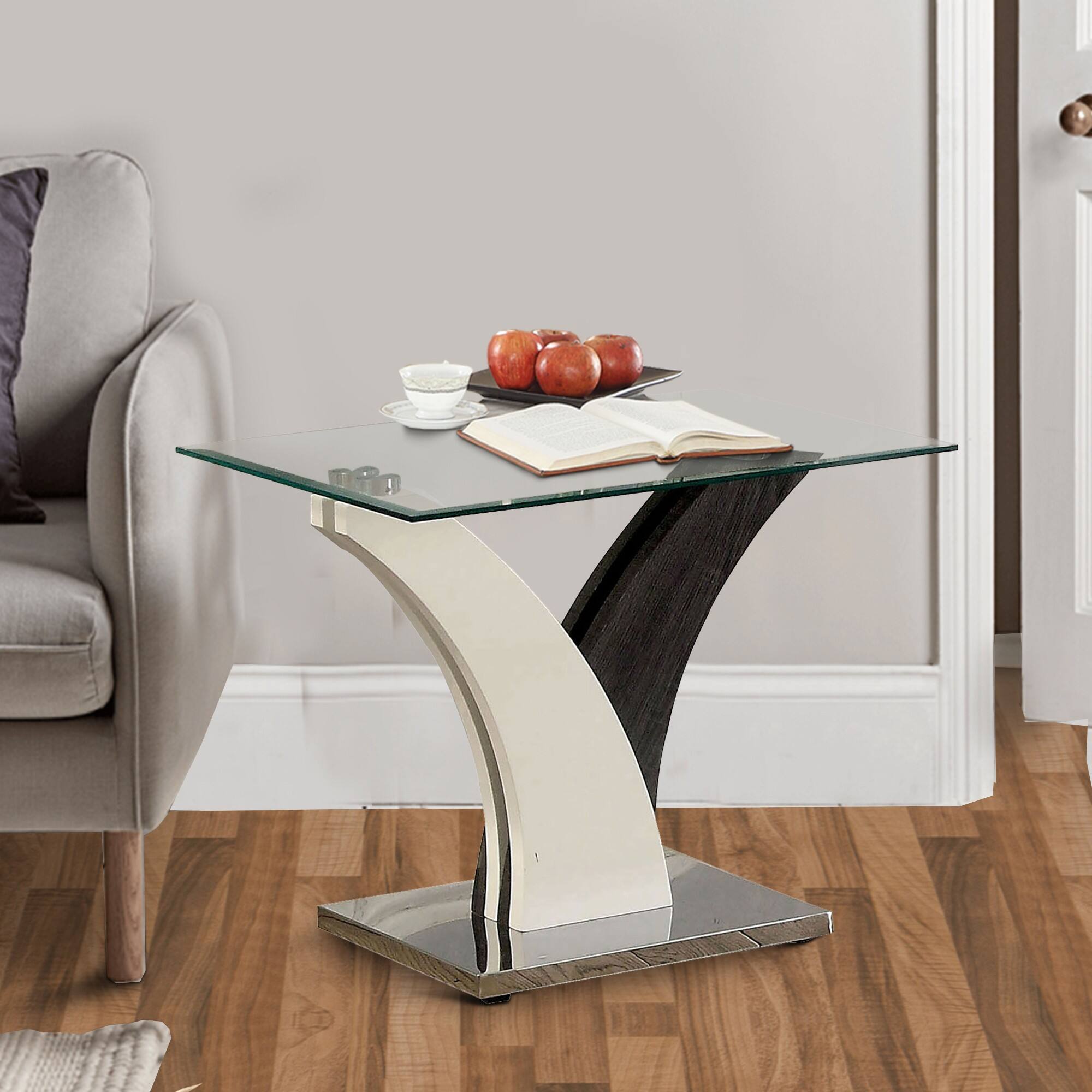 Alt View 5. Manhattan Lane - Modern Two Tone Flared Base End Table with Glass Top - White and Gray.