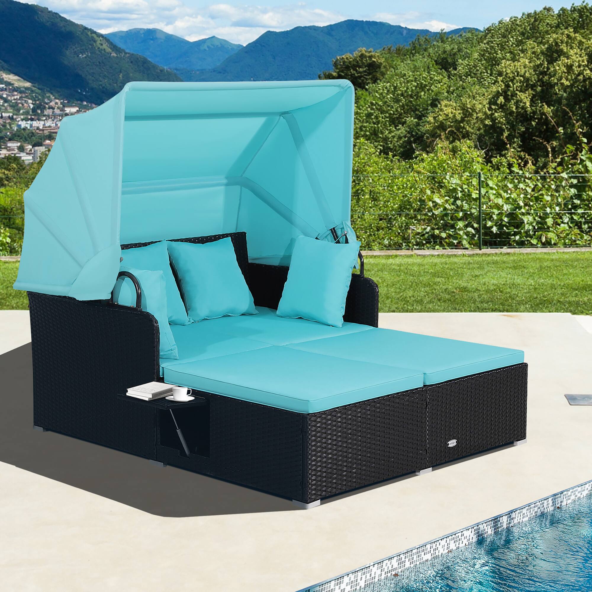 Alt View 1. Costway - Patio Rattan Daybed Lounge Retractable Top Canopy Side Tables Cushions - Turquoise.