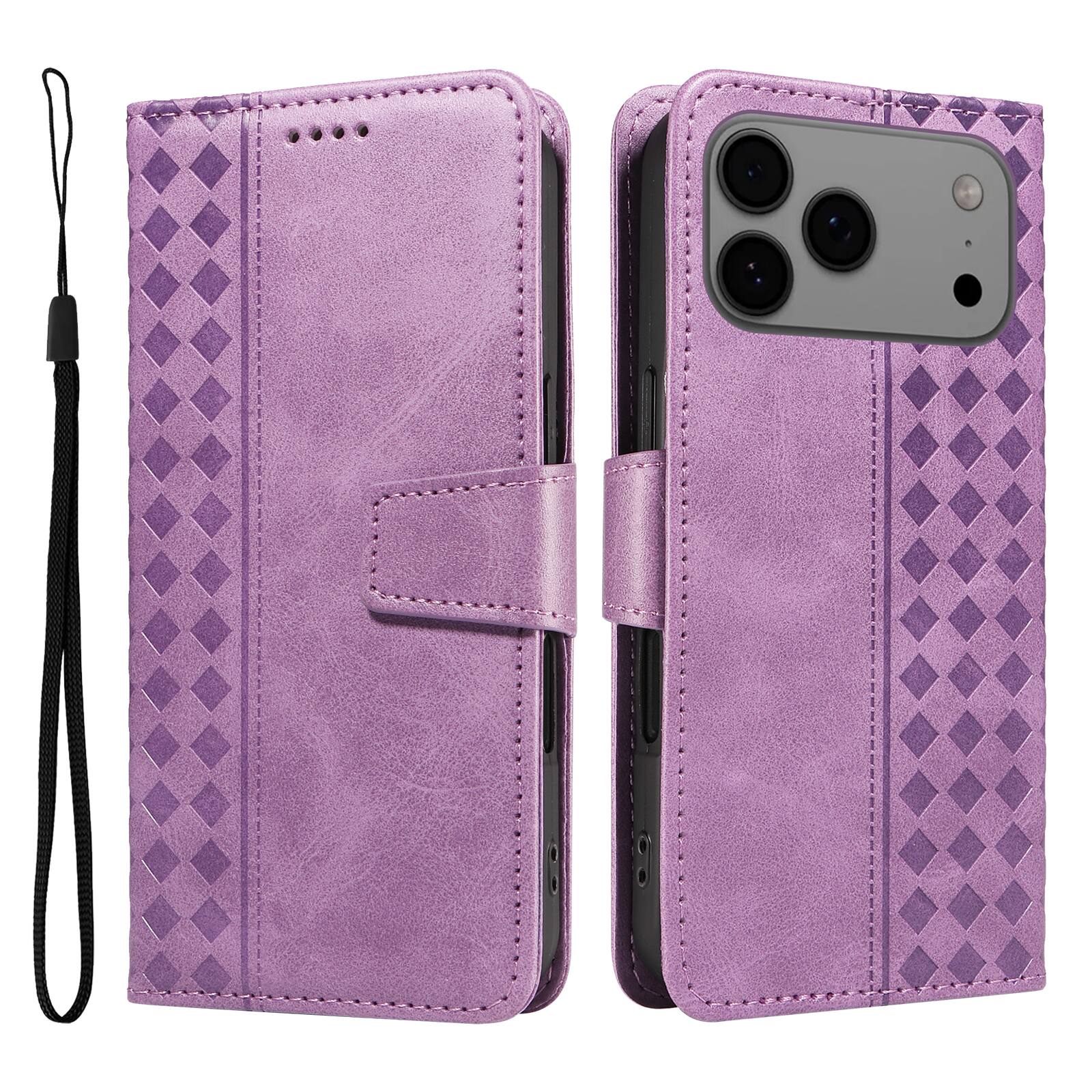 Alt View 8. Dteck - Magnetic Wallet Pocket Case For iPhone 17 Pro Max, Shockproof Faux Leather Card Pocket Wrist Strap Cover - Purple.