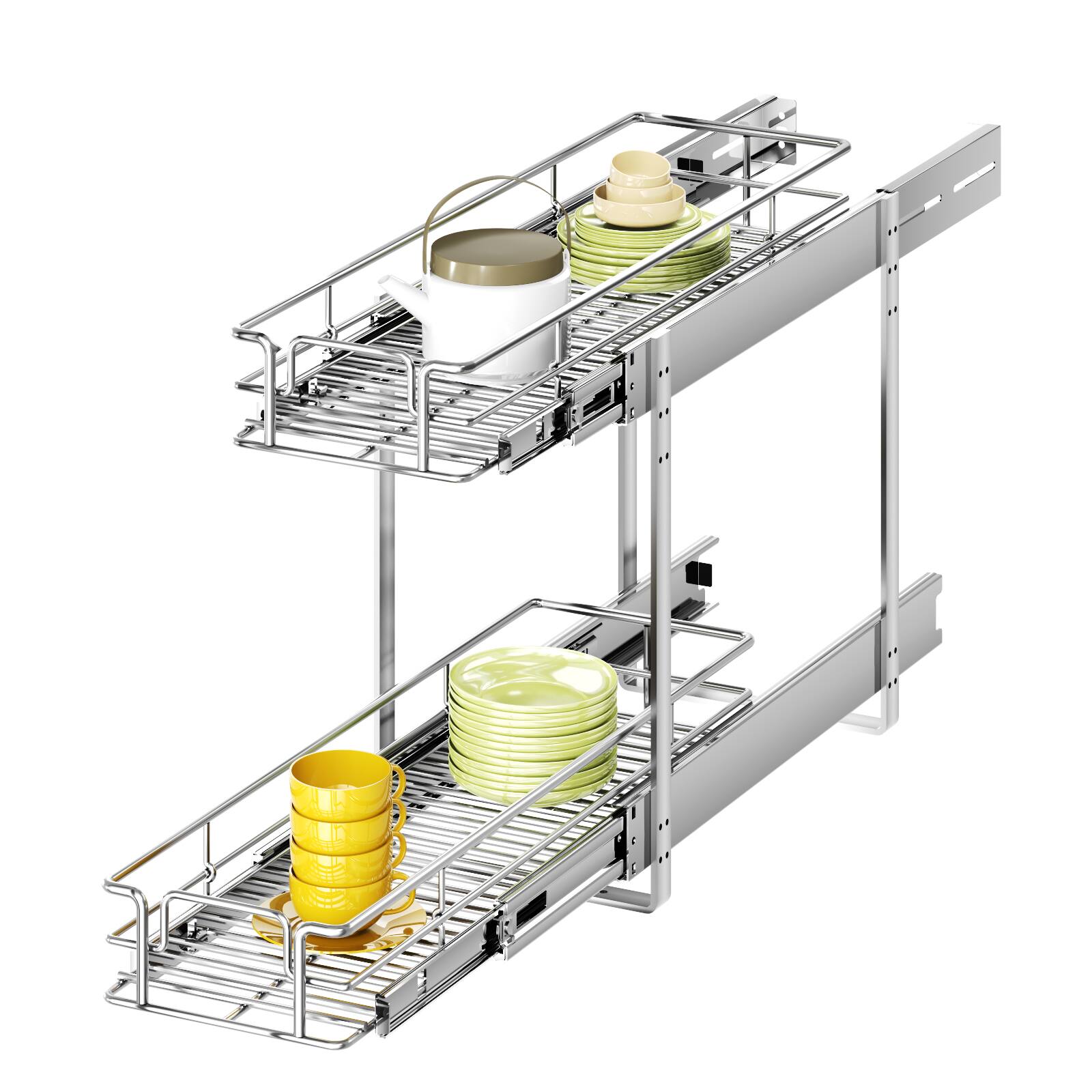 LOVMOR - 2 Tier Individual Pull Out Cabinet Organizer 9 W x 21½in D Slide Out Kitchen Cabinet Storage Sliding Shelves - Silver