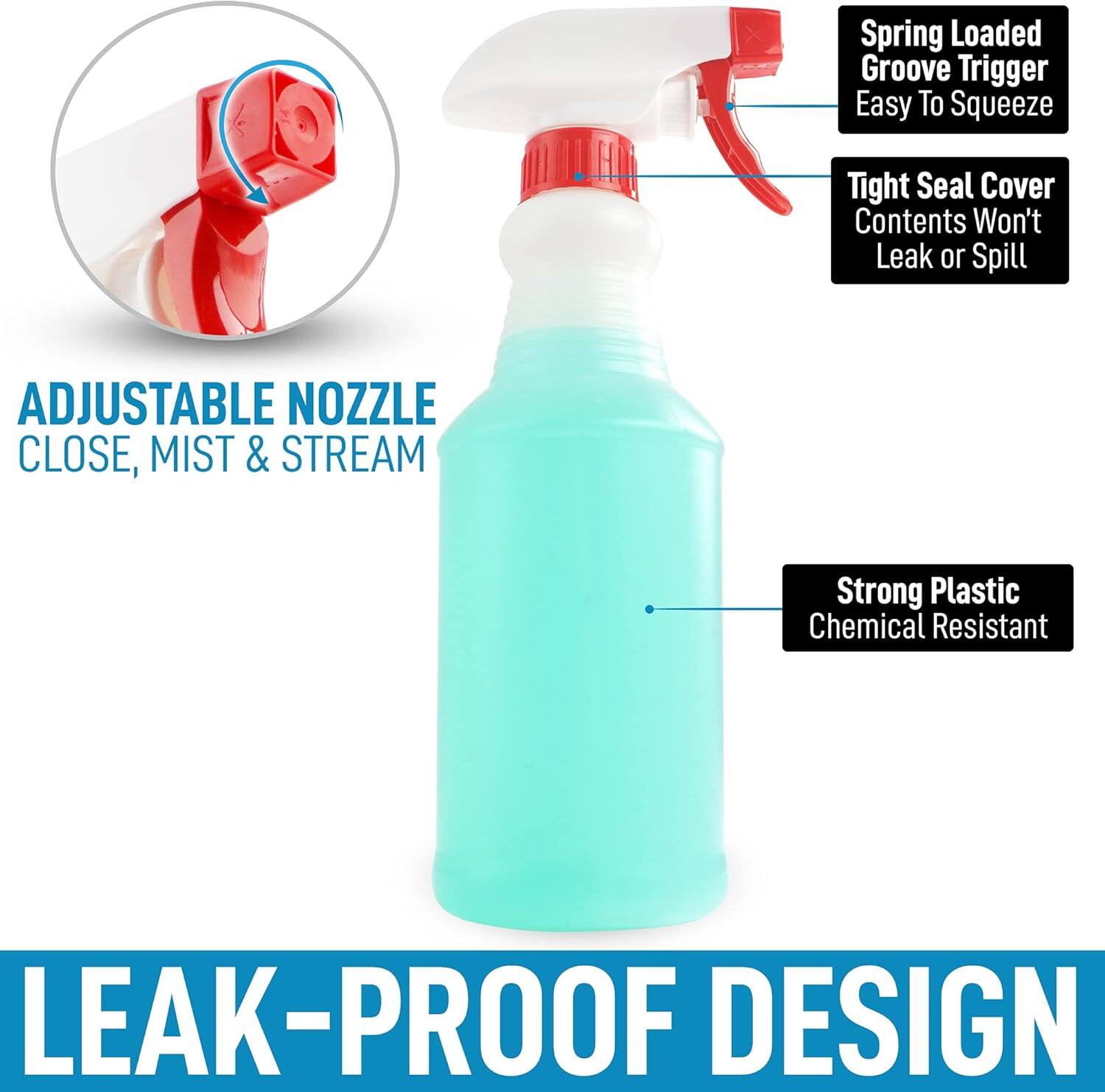 - Adjustable Nozzle: Close, Mist & Stream
- Spring Loaded Groove Trigger: Easy to Squeeze
- Tight Seal Cover: Contents Won't Leak or Spill
- Strong Plastic: Chemical Resistant
- Leak-Proof Design