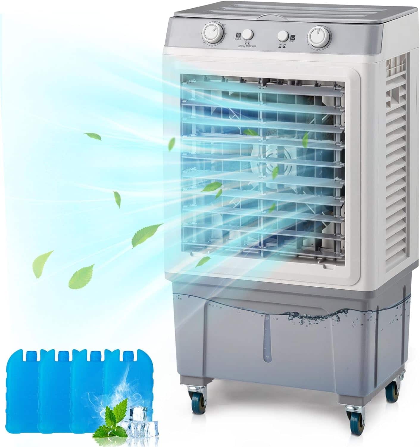 Winado - 7.9Gallon Evaporative Air Cooler, 2353CFM Portable Swamp Cooler with Knob Control, Oscillation, 3 Speeds &30L Water Tank - White