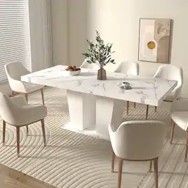Loheer - Extendable Dining Table, White Faux Marble Rectangle Table for Six to Ten, Dual Pedestal Base - White Marble