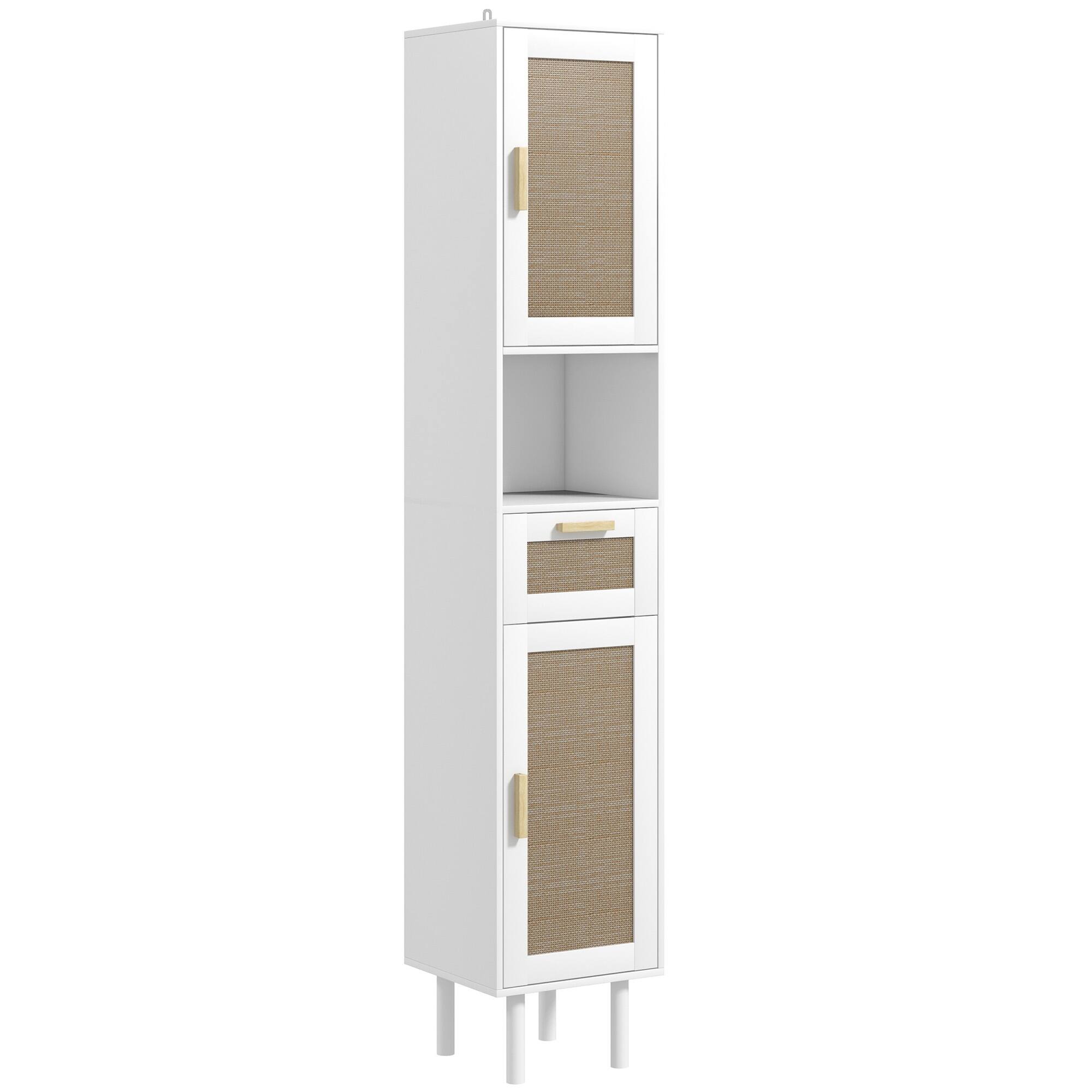 Homcom - Tall Bathroom Storage Cabinet with Rattan Doors, Freestanding Bathroom Cabinet with Open Shelf, Drawer, Cabinets - White