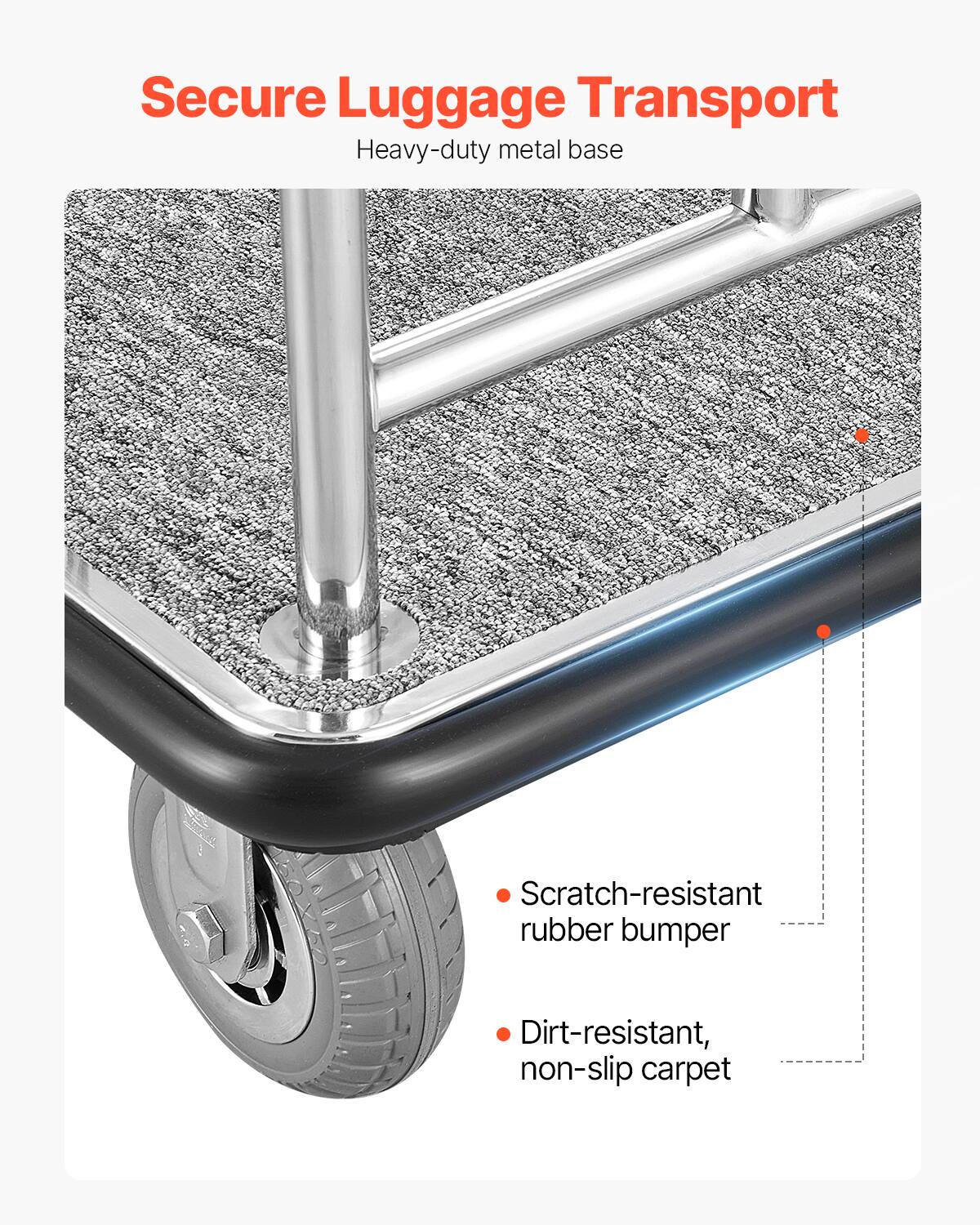 Secure Luggage Transport  
Heavy-duty metal base  

- Scratch-resistant rubber bumper  
- Dirt-resistant, non-slip carpet
