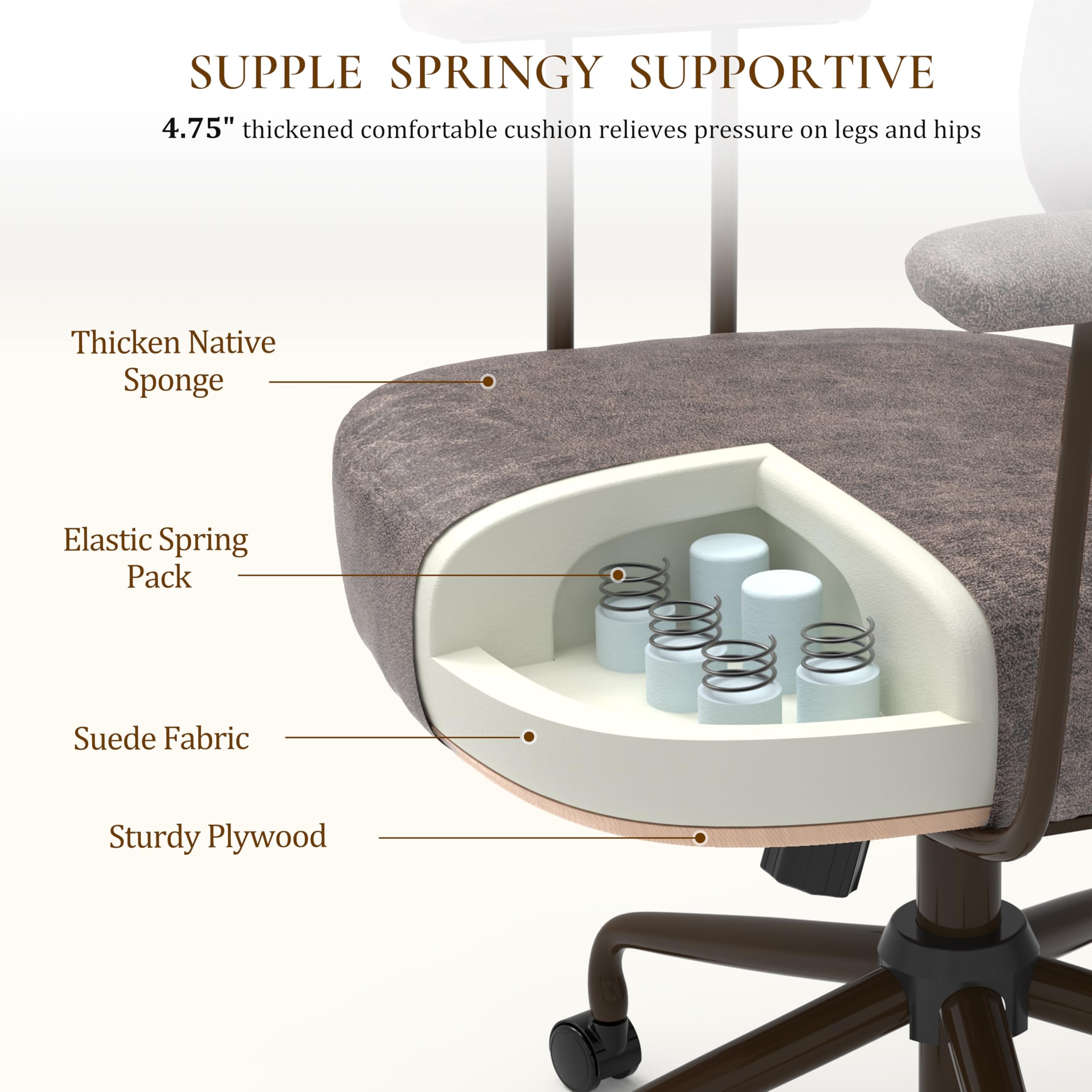 SUPPLE SPRINGY SUPPORTIVE

4.75" thickened comfortable cushion relieves pressure on legs and hips

Thicken Native Sponge
Elastic Spring Pack
Suede Fabric
Sturdy Plywood