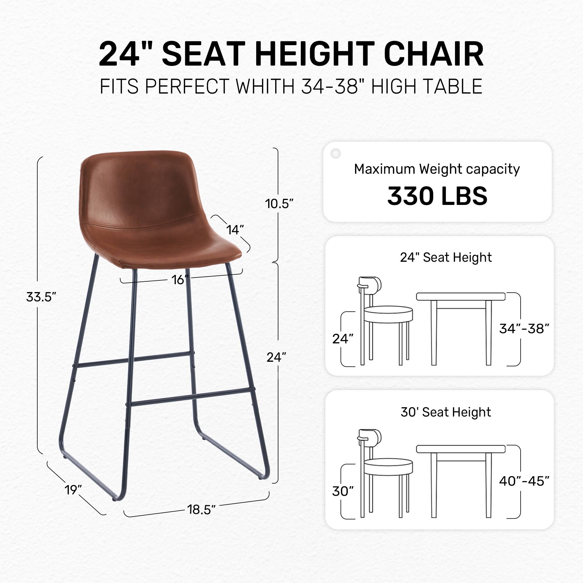 24" SEAT HEIGHT CHAIR FITS PERFECT WHITH 34-38" HIGH TABLE

Maximum Weight capacity 330 LBS

10.5" 14" 33.5" 16" 24" Seat Height

19" 18.5" 30" 40"-45"
