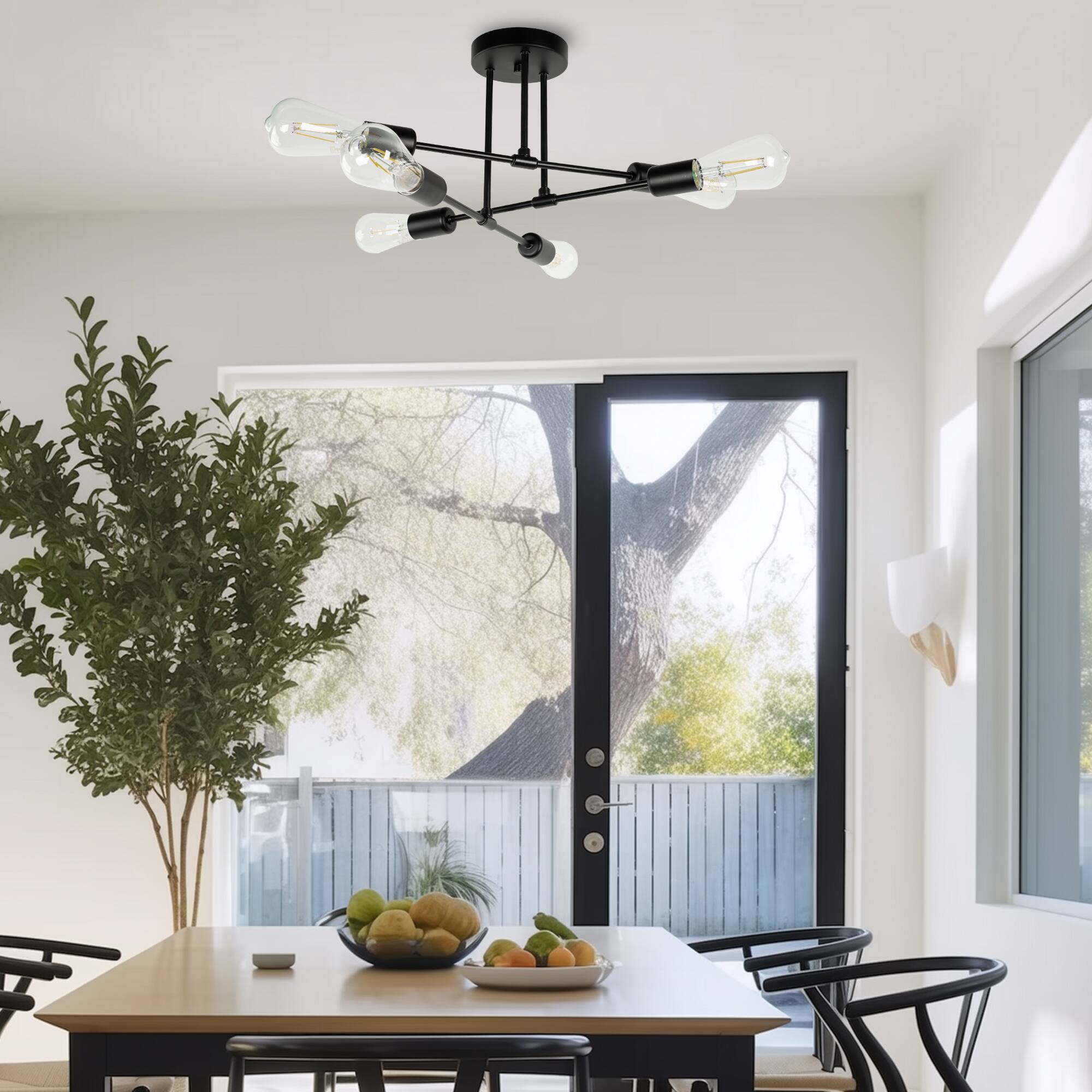 Back. Jandcase - JANDCASE 6-Light Black Branch Semi-Flush Mount Ceiling Light,E26 Socket, Non-Integrated Bulbs, for Living Room - Black.