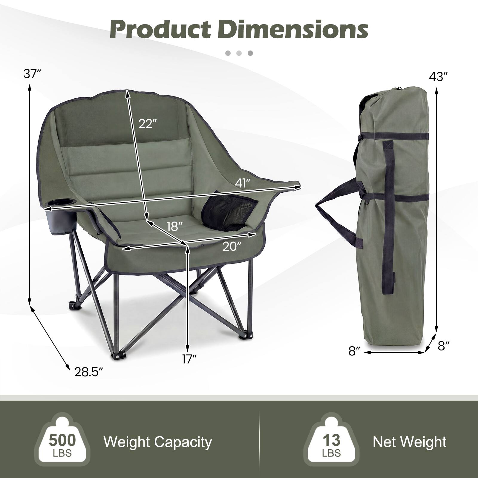 Product Dimensions: 37" x 43" x 22" x 41" x 18" x 20" x 28.5" x 17" x 8" x 8"  
Weight Capacity: 500 LBS  
Net Weight: 13 LBS