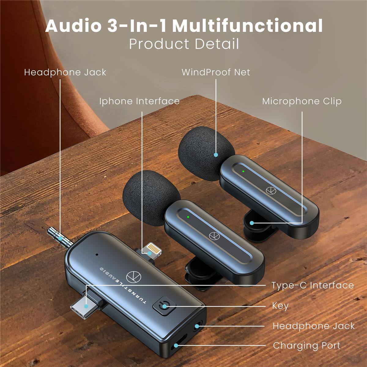 Audio 3-In-1 Multifunctional Product Detail

- Headphone Jack
- WindProof Net
- Iphone Interface
- Microphone Clip
- Type-C Interface
- Key
- Headphone Jack
- Charging Port