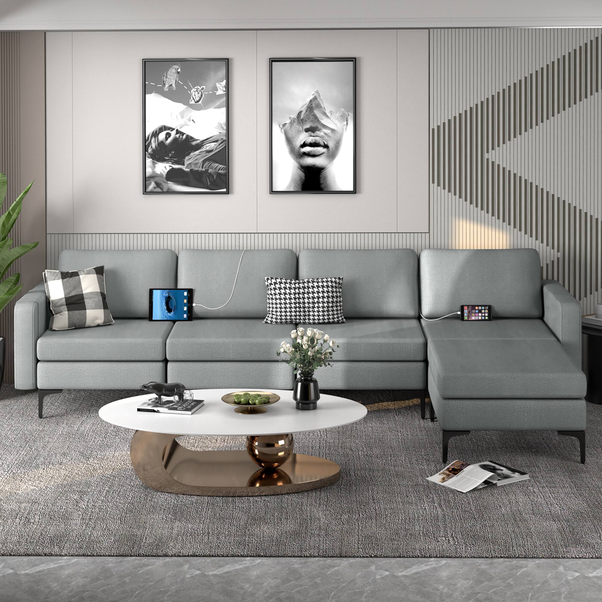 Alt View 1. Costway - Costway Modular L-shaped Sectional Sofa w/ Reversible Chaise & 4 USB Ports - Dark Grey.