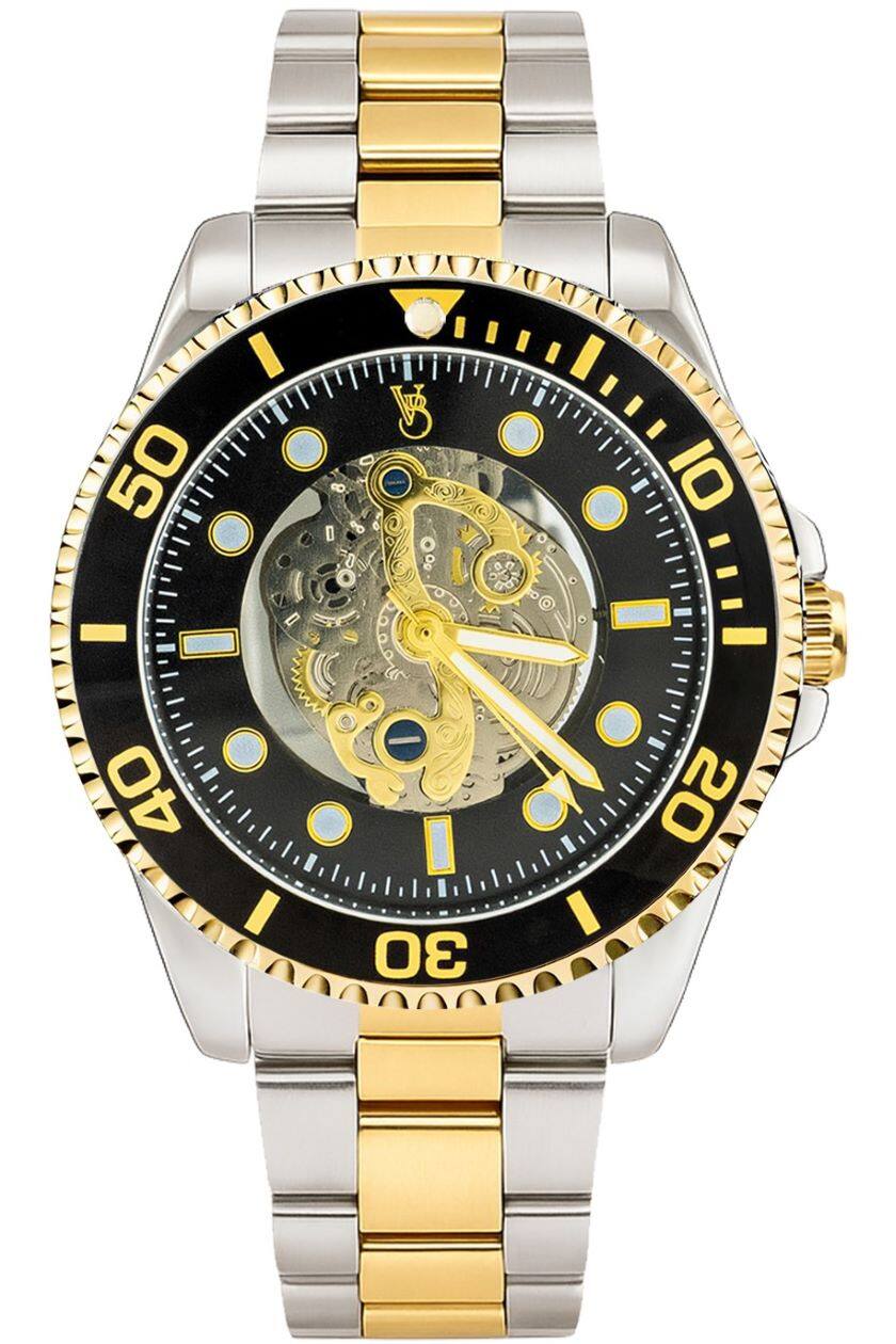 Left. Von Breyer - Navigator Men's Watch Automatic Skeleton Watch Black Dial Two-Tone Bracelet - Black.