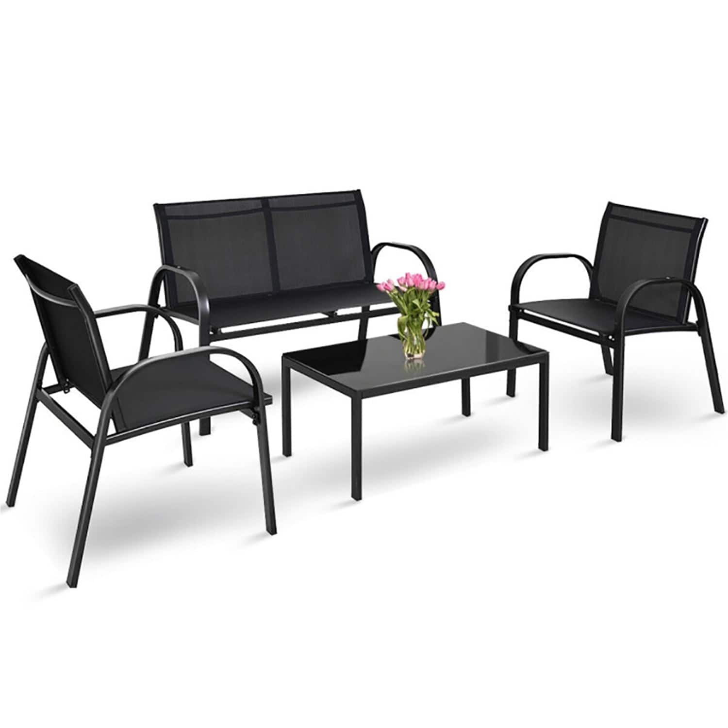 Kadyn - 4 Pieces Patio Furniture Set with Glass Top Coffee Table Patio Garden Lawn Cushioned Seat, Patio sectional Furniture - Black