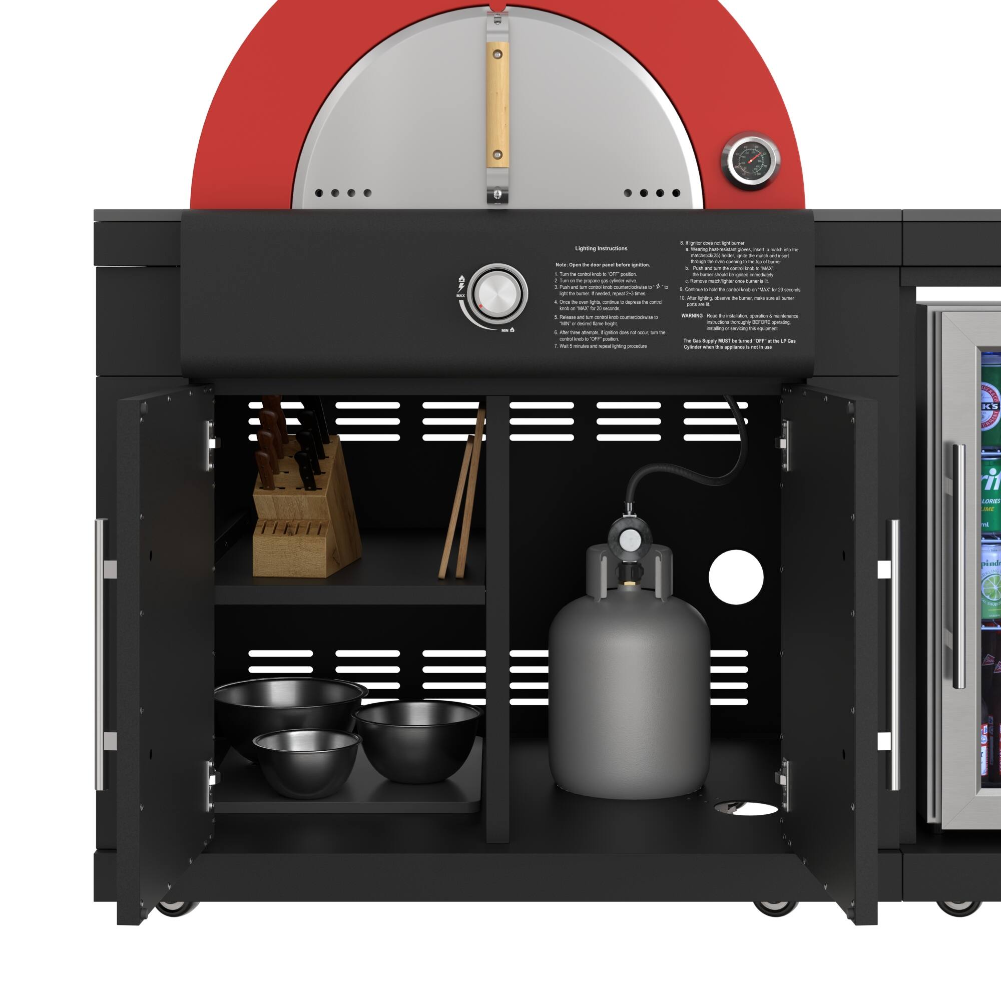 Alt View 8. Koolmore - 79 in. Outdoor Kitchen Island with 22 in. Gas and Wood-Fired Pizza Oven, Sink, and Refrigerator in Black Stainless - Black.