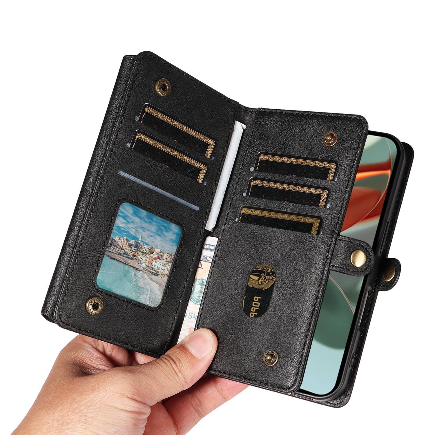 Angle. Dteck - Wallet Case For Google Pixel 10 Pro XL PU Leather Detachable Shoulder Strap RFID Blocking Card Stand Shockproof Cover - Black.