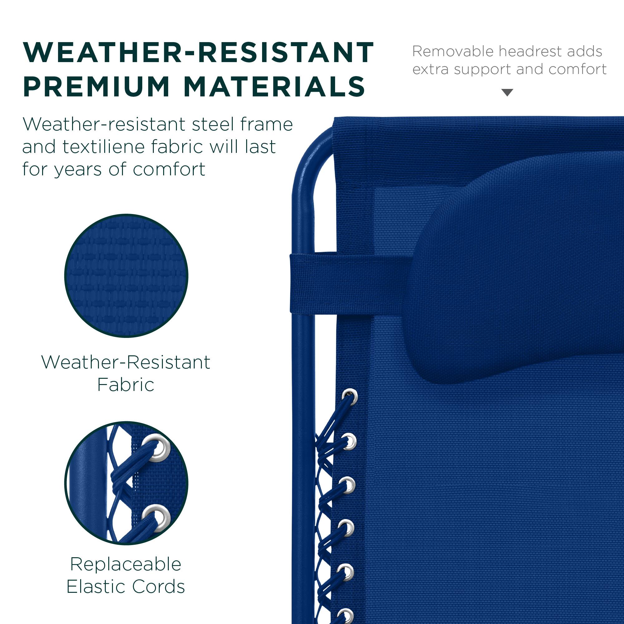 WEATHER-RESISTANT PREMIUM MATERIALS

- Weather-resistant steel frame and textilene fabric will last for years of comfort
- Removable headrest adds extra support and comfort
- Weather-Resistant Fabric
- Replaceable Elastic Cords