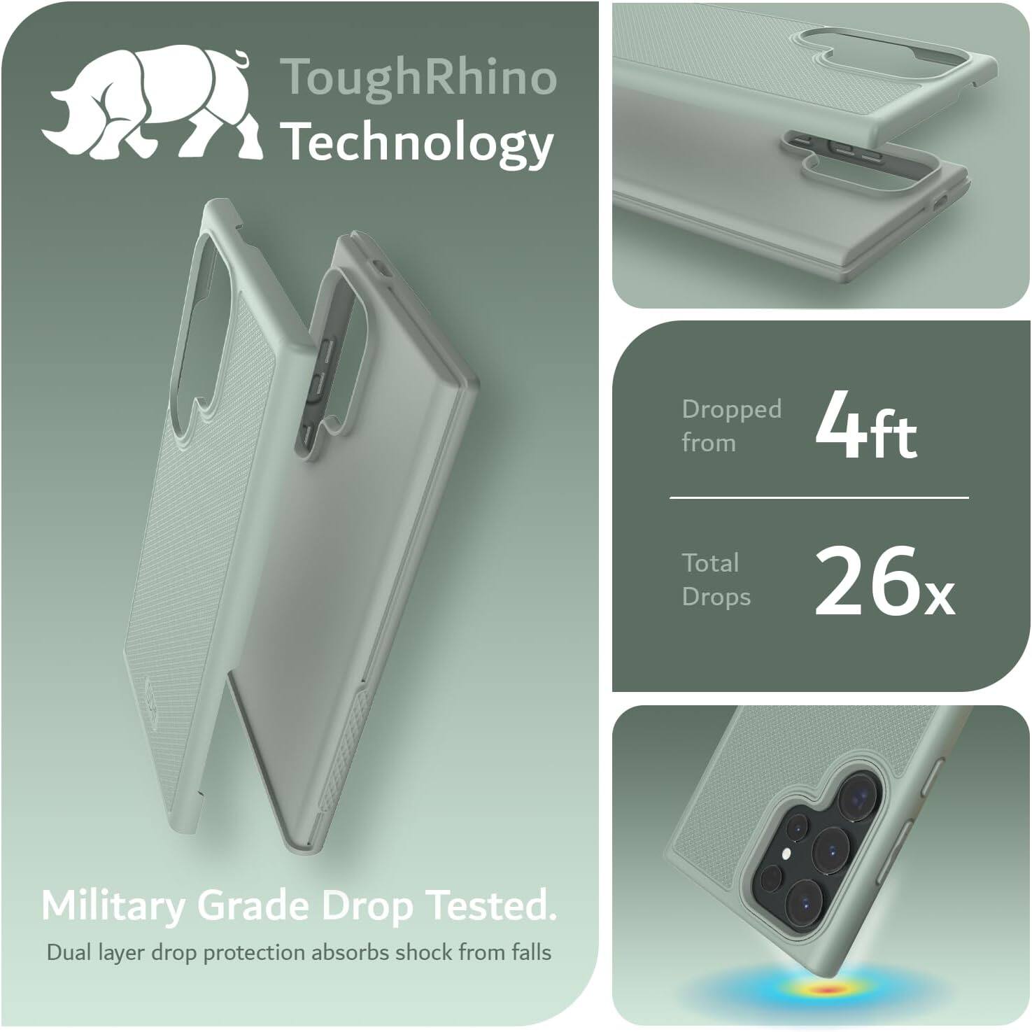 ToughRhino Technology

Dropped from 4ft  
Total Drops 26x

Military Grade Drop Tested.  
Dual layer drop protection absorbs shock from falls