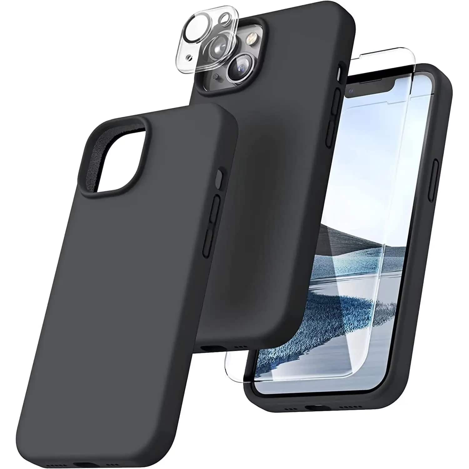 Bundle - Entronix - for iPhone 13 - Silicone Case, Screen Protector & Camera Lens Protector - Black