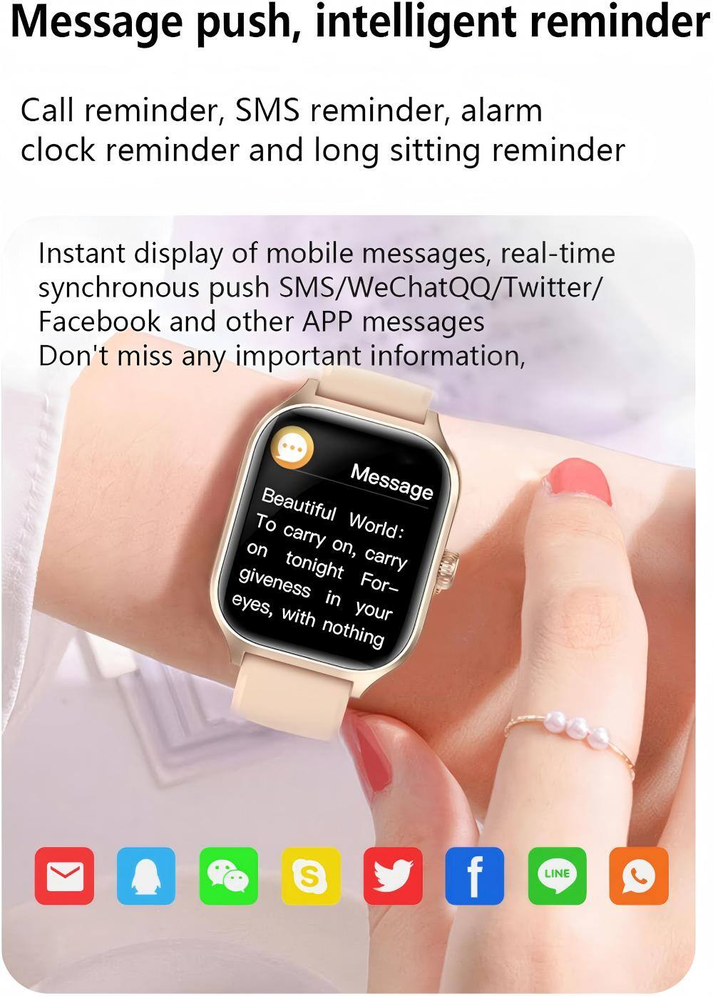 Message push, intelligent reminder

Call reminder, SMS reminder, alarm clock reminder and long sitting reminder

Instant display of mobile messages, real-time synchronous push SMS/WeChatQQ/Twitter/Facebook and other APP messages

Don't miss any important information,

Beautiful Message To World: on carry on, tonight carry giveness in For- eyes, with your nothing S f LINE
