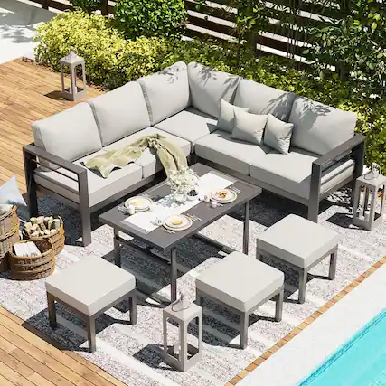 Front. Mondawe - 7-Piece Aluminum Corner Seating Set with Adjustable Lift Table and Cushions - Black+Grey.