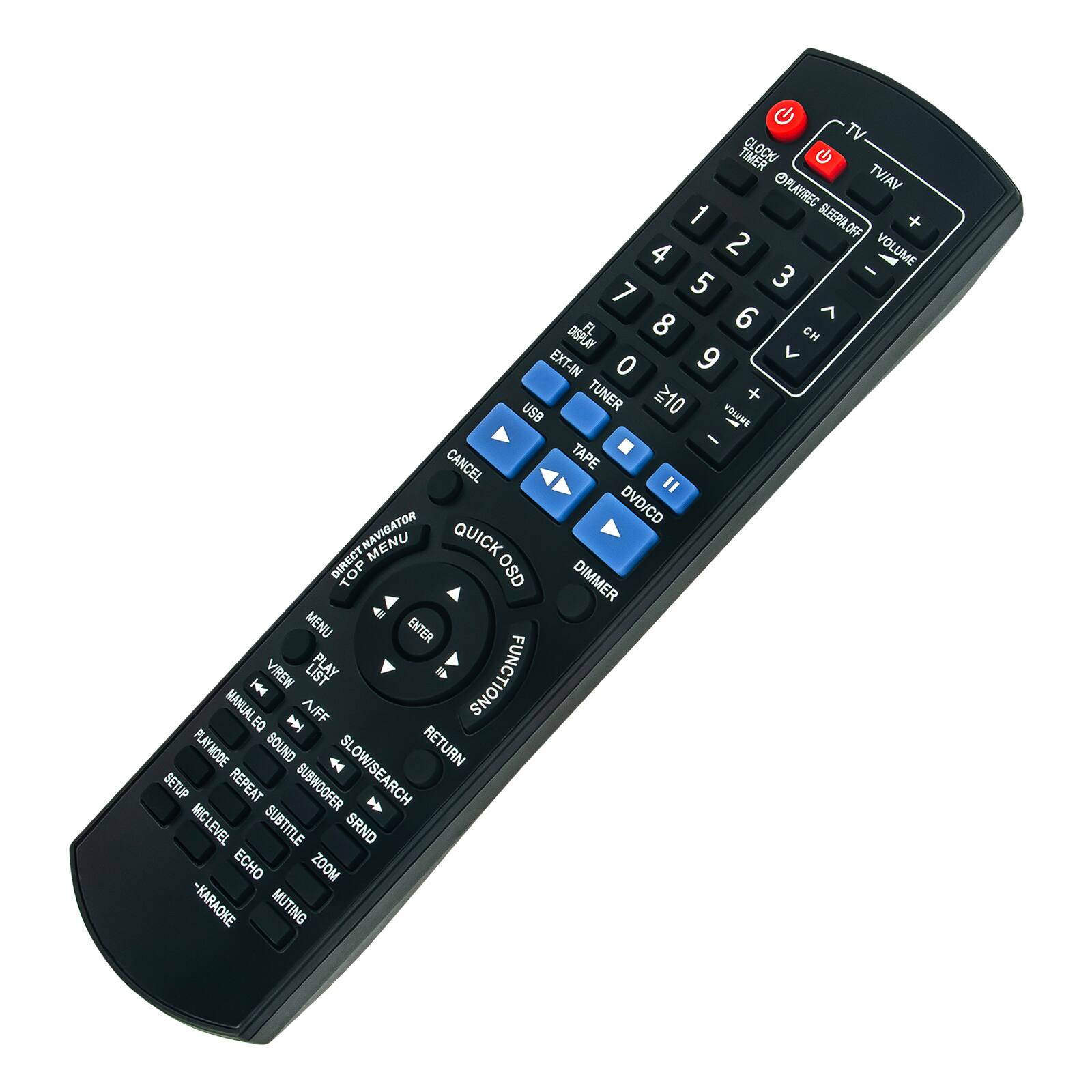 TV TIMER CLOCK  
PLAY/REC VCR TV  
1 SLEEP/OFF +  
2 4 VOLUME  
3 - 7 5 6 ^  
8 CH EXT-IN  
9 V 0 TUNER  
210 + USB VOLUME CANCEL TAPE " DVD/CD MENU QUICK DIRECT OSD DIMMER MENU ENTER VIEW LIST PLAY FUNCTIONS HH4 MANUAL EQ  
A/FF PLAY/PAUSE SOUND RETURN SETUP REPEAT SUBWOOFER SLOW/SEARCH MIC LEVEL SUBTITLE SRND ECHO ZOOM - KARAOKE MUTING