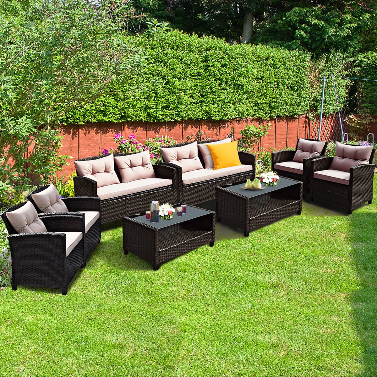 Gymax - 8PCS Outdoor Rattan Furniture Set Cushioned Patio Sofa Set - Brown