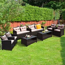 Gymax - 8PCS Outdoor Rattan Furniture Set Cushioned Patio Sofa Set - Brown
