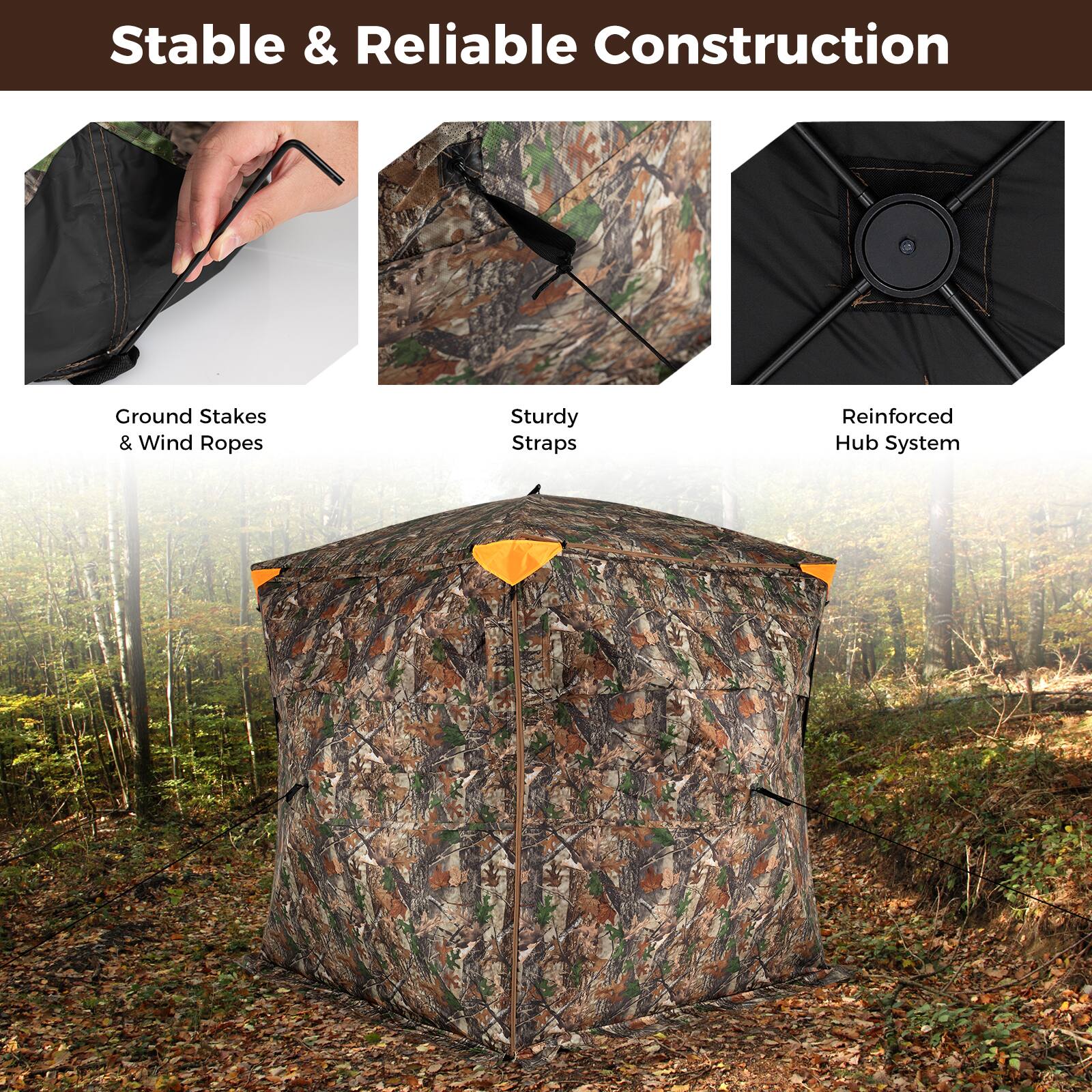 Stable & Reliable Construction

- Ground Stakes & Wind Ropes
- Sturdy Straps
- Reinforced Hub System