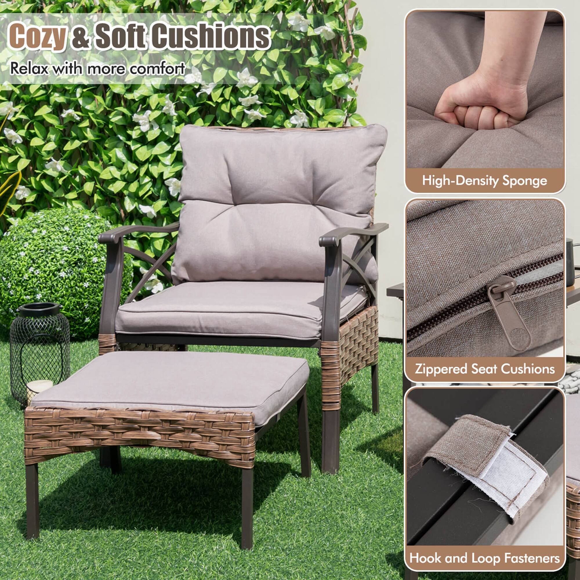 Cozy & Soft Cushions: Relax with more comfort. High-Density Sponge: Zippered Seat Cushions. Hook and Loop Fasteners.
